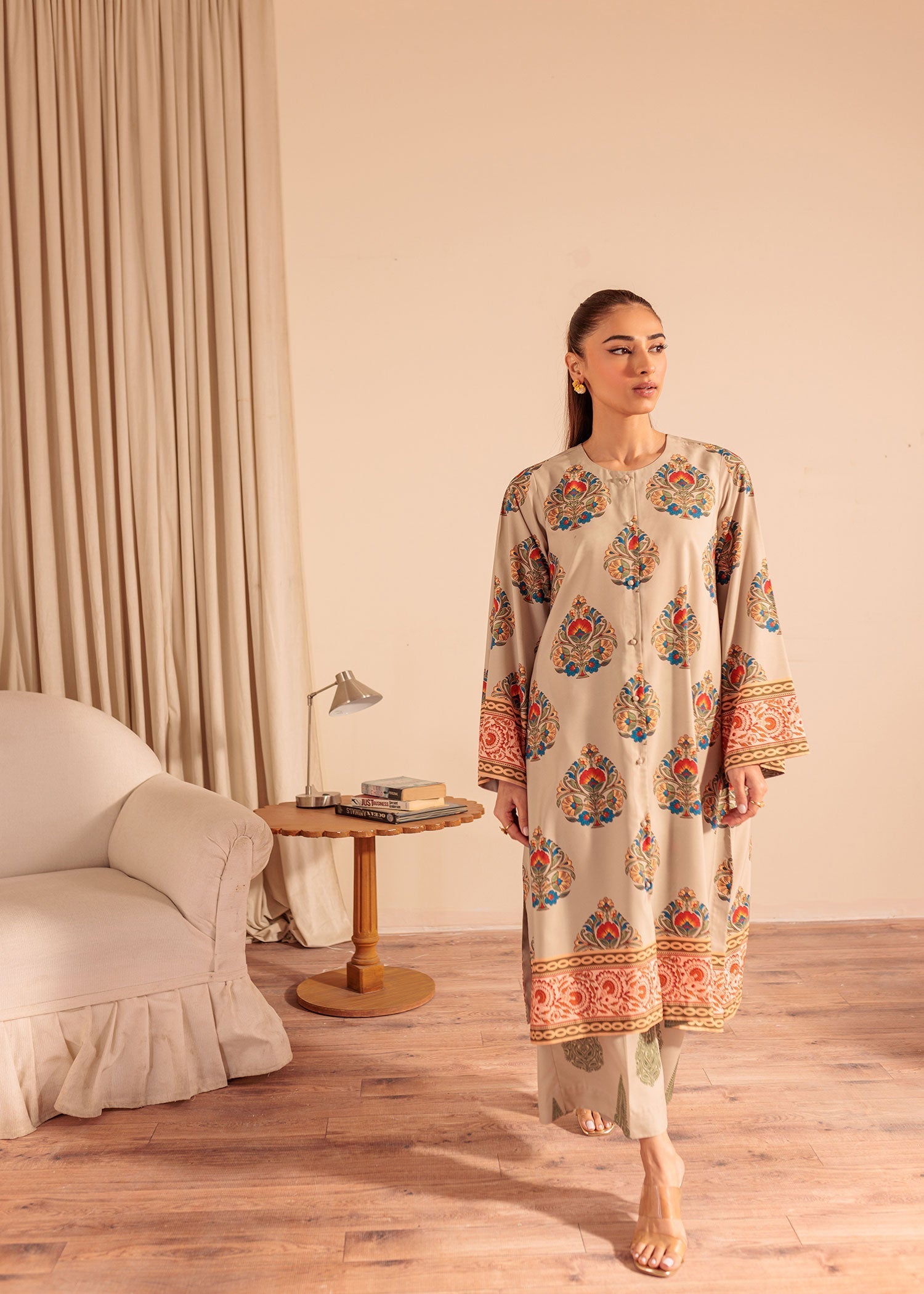lawn Kurta Set in Tan brown