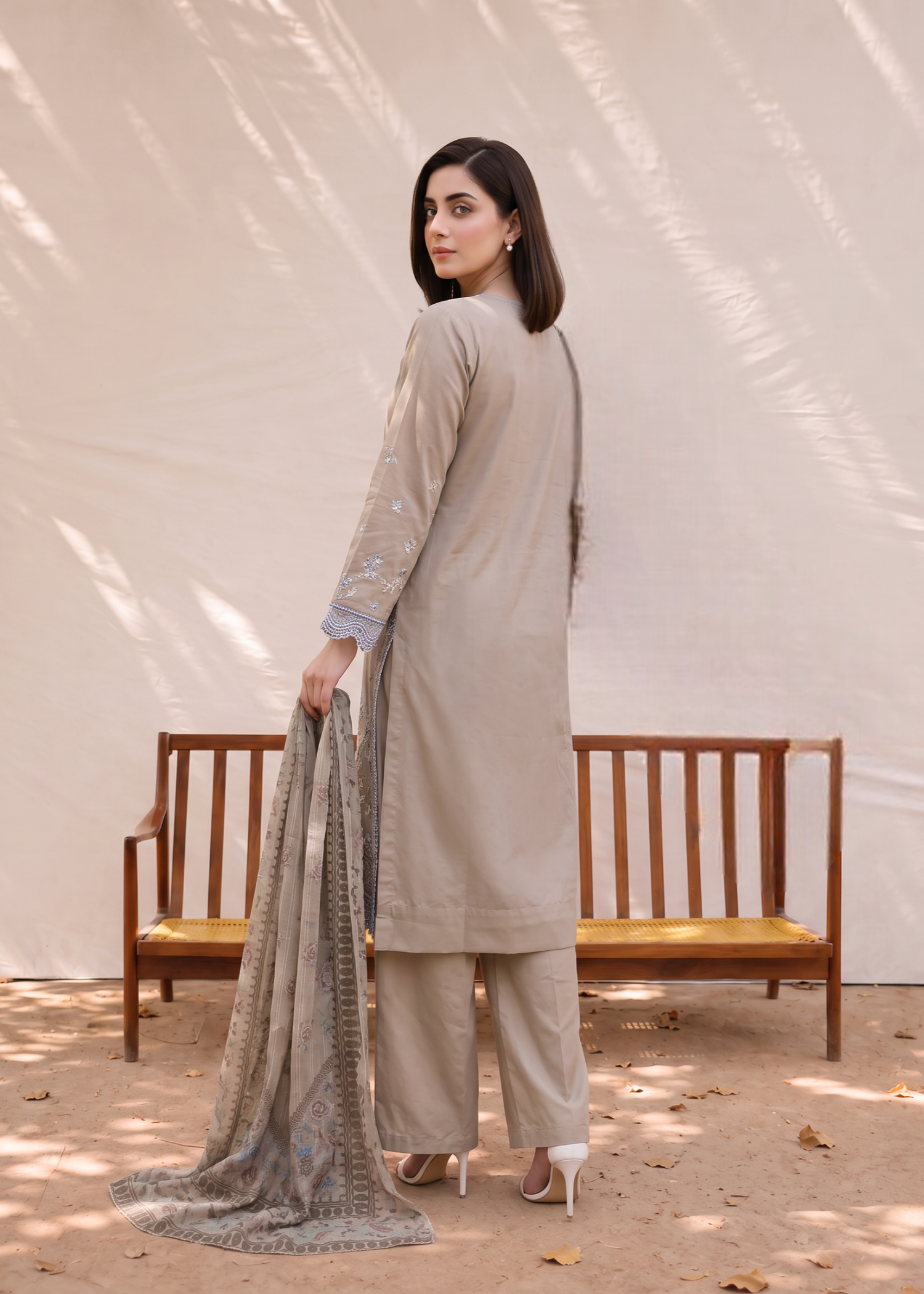 khaddi net Kurta Set in Beige