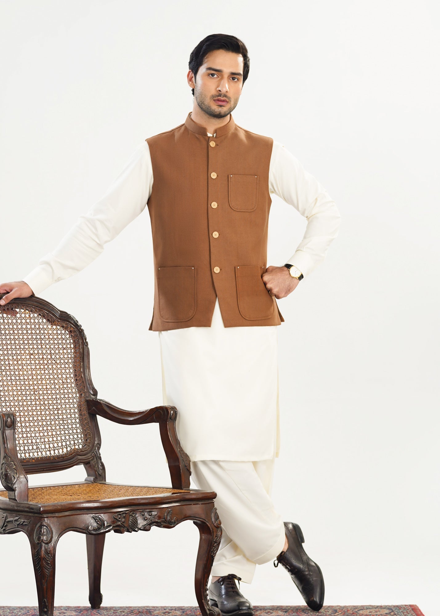 handwoven khaddar Waistcoat in Off-white, camel brown