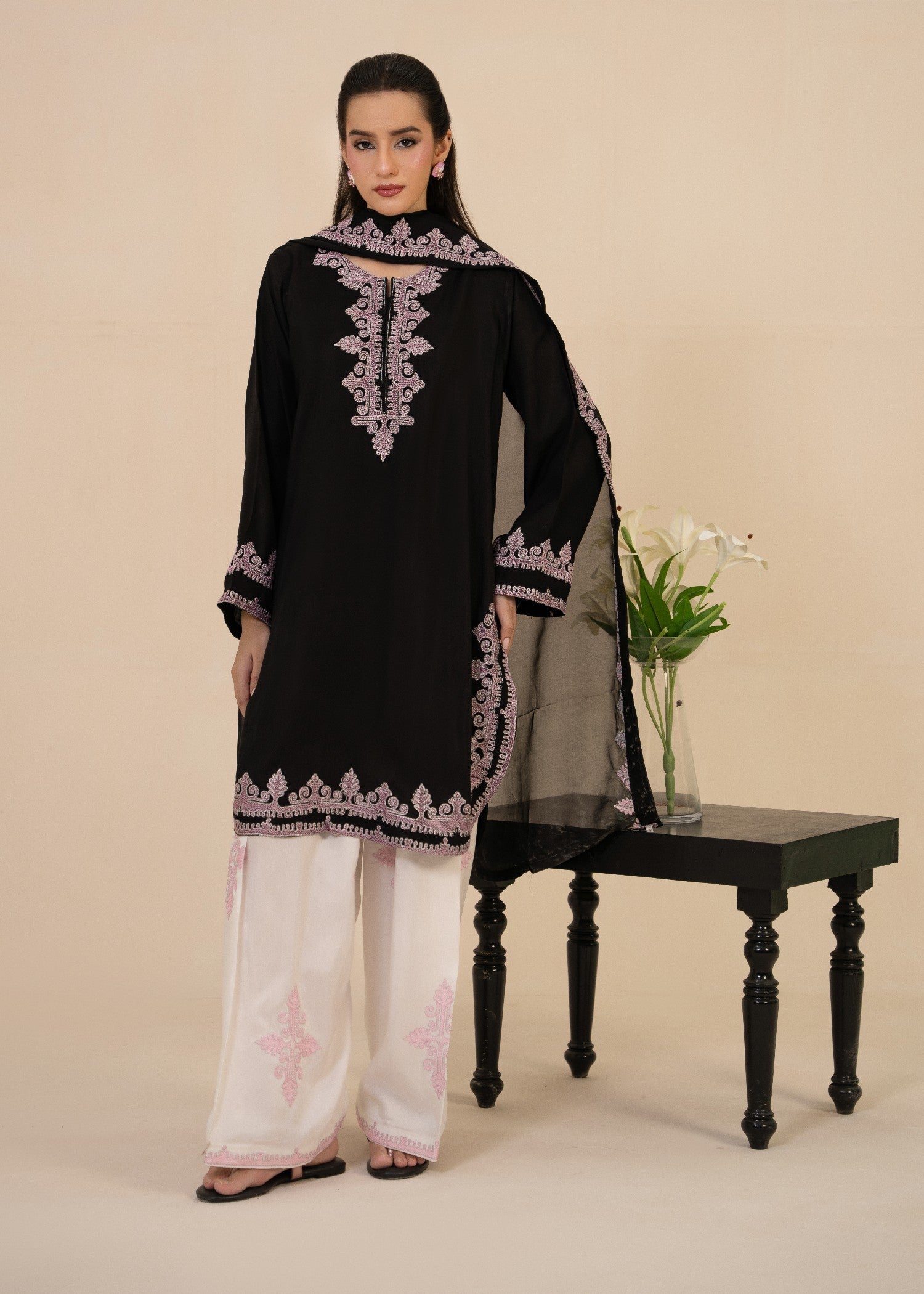 korean raw silk Kurta Set in Black