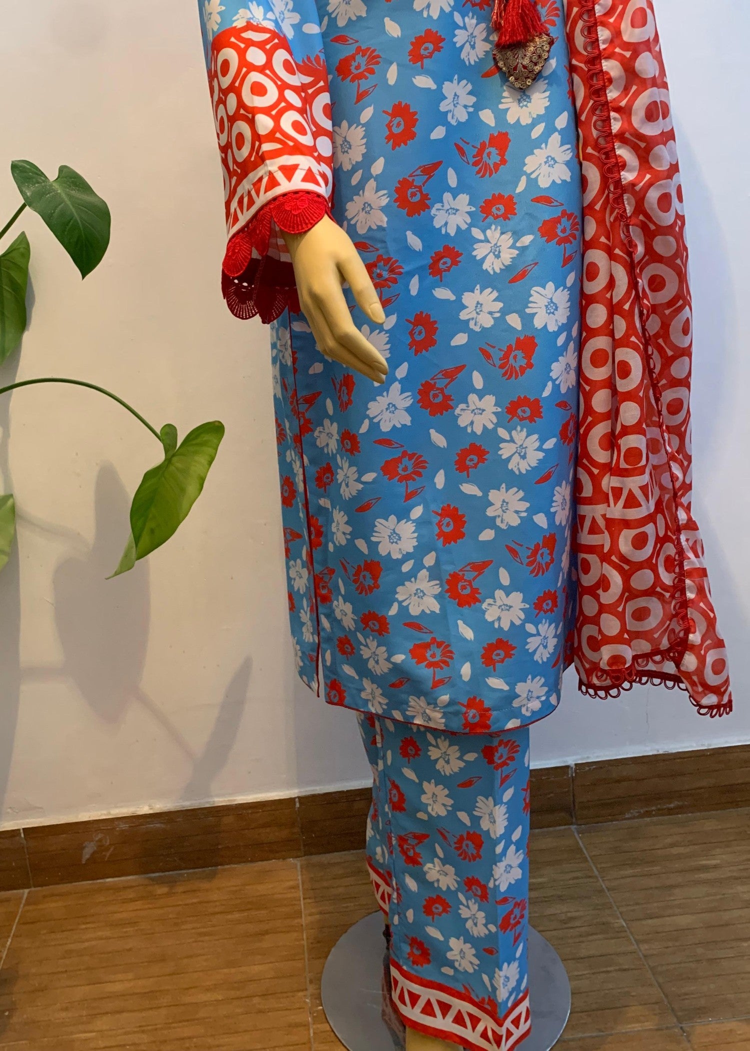 silk finish lawn Unstitched in Red, azure, dodger blue