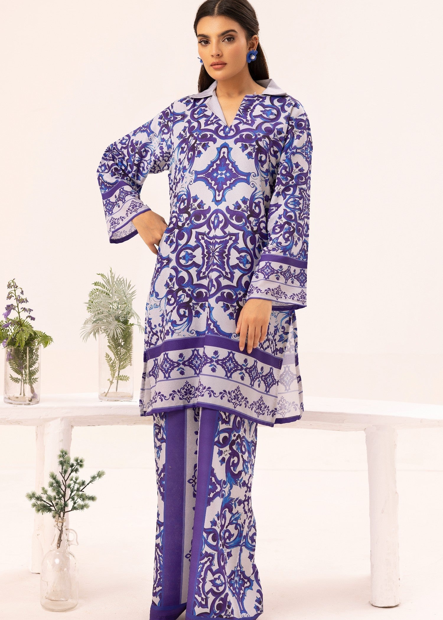lawn Co Ord Sets in White, purple heart