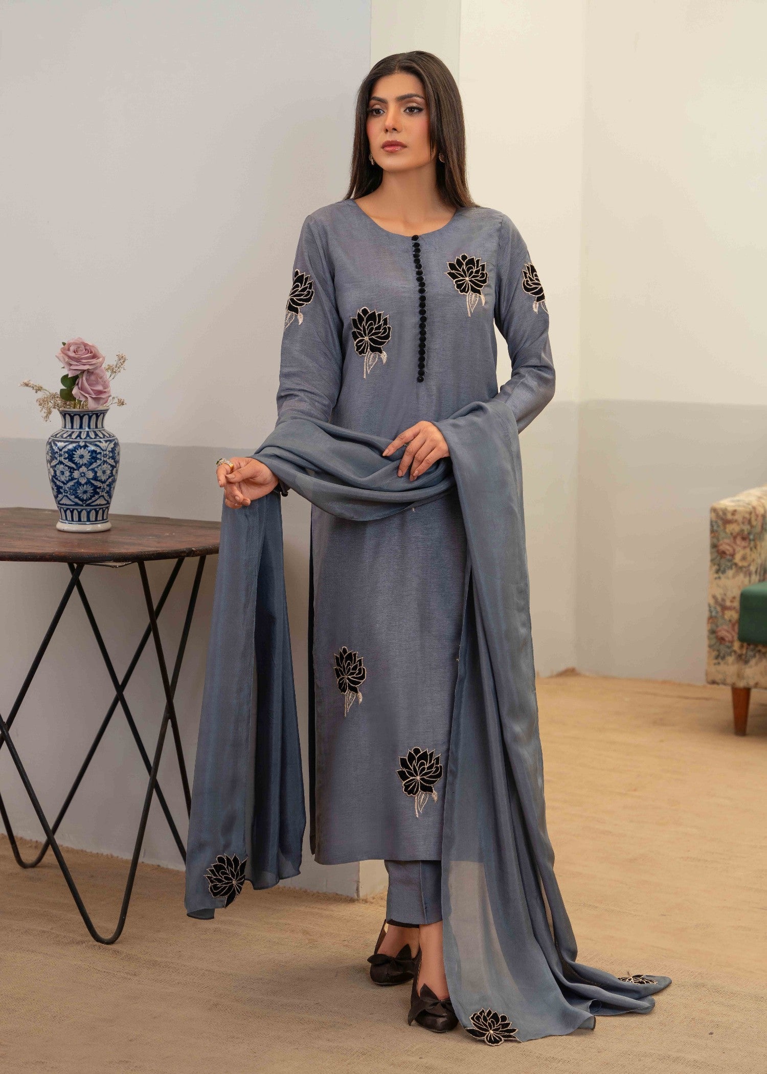 silk Kurta Set in Steal grey