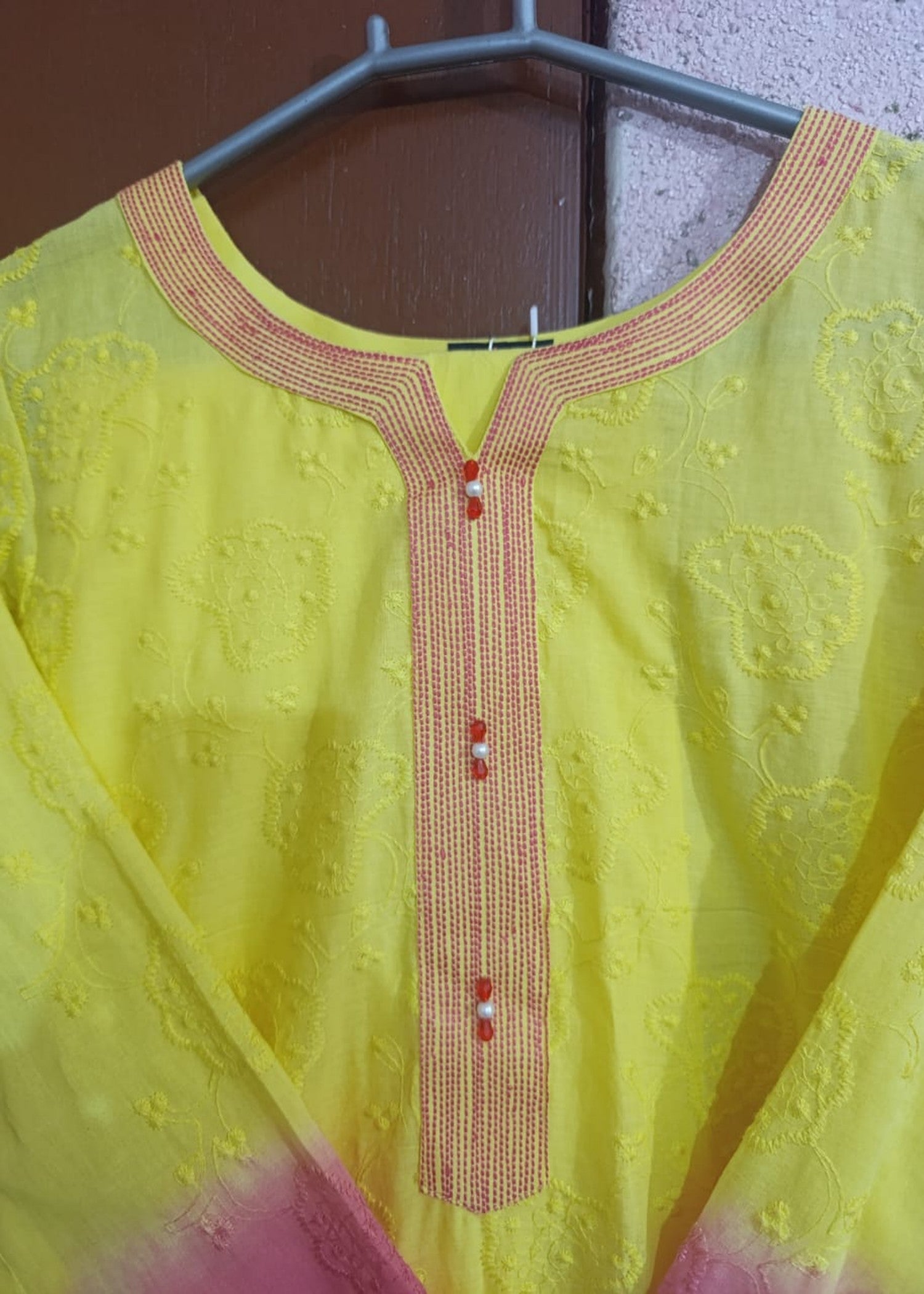 chikankari cotton Kurta Set in Bubblegum pink, lemon