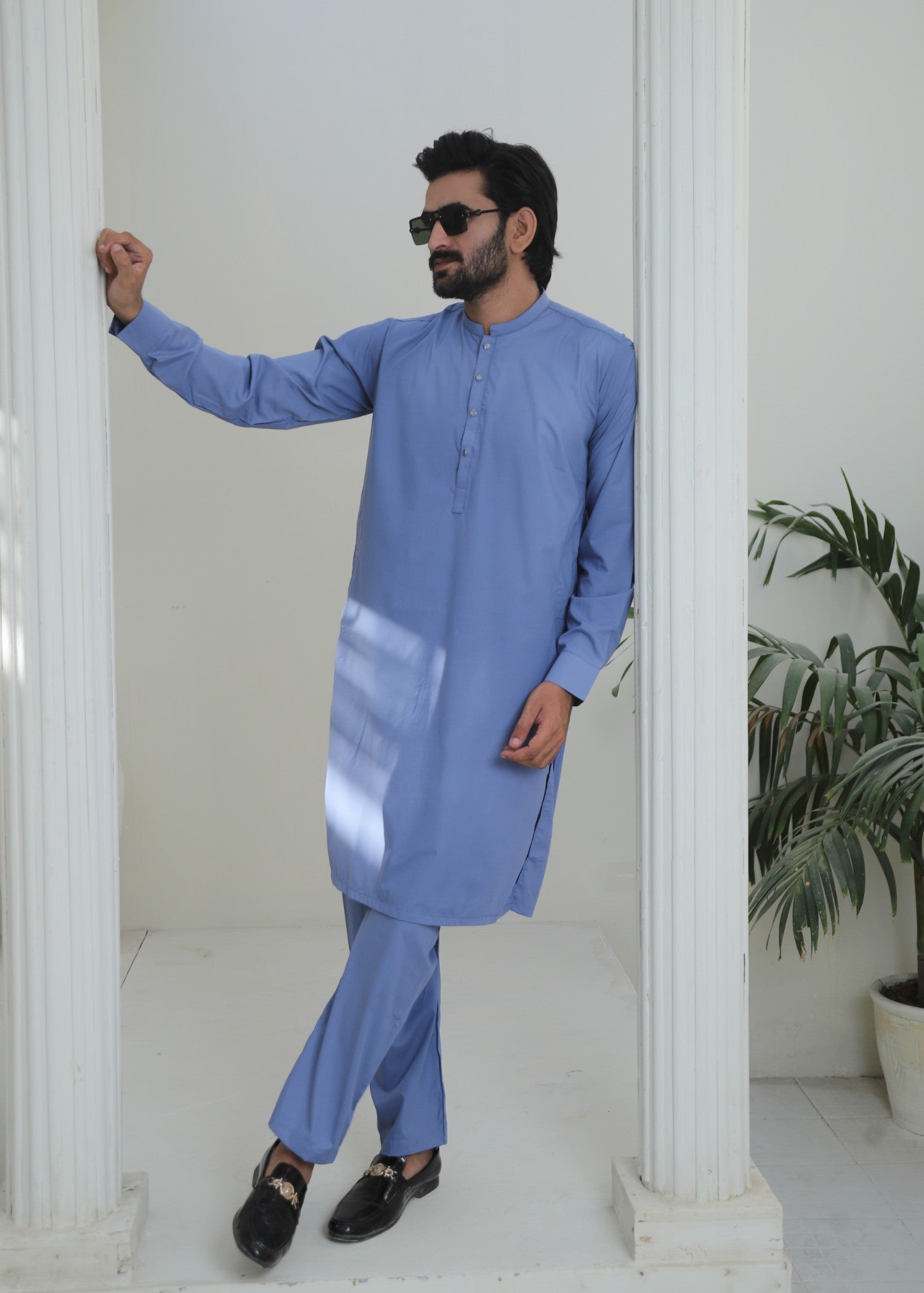 wash & wear Kurta Set in Steel blue