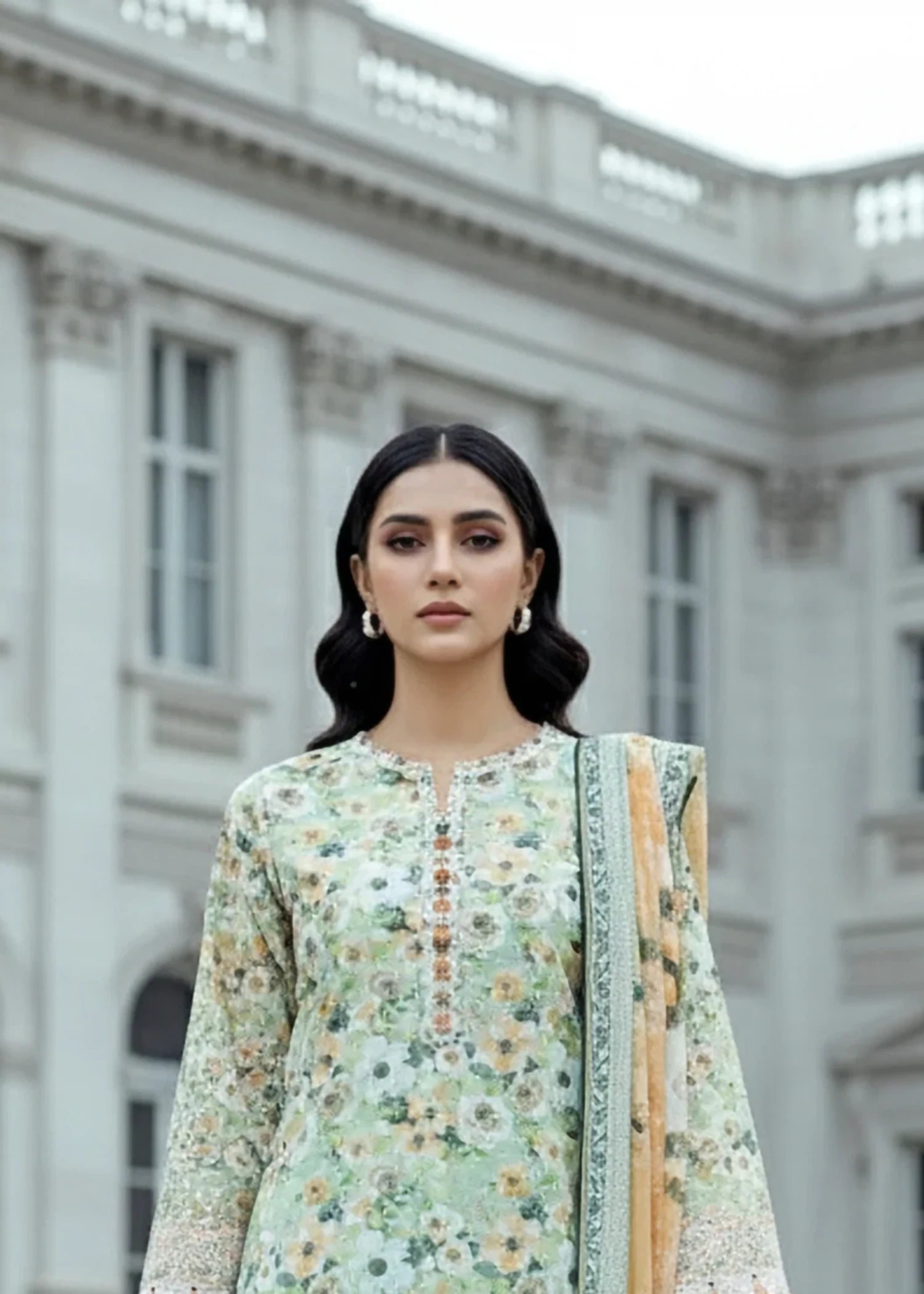 zari lawn Unstitched in Mint green