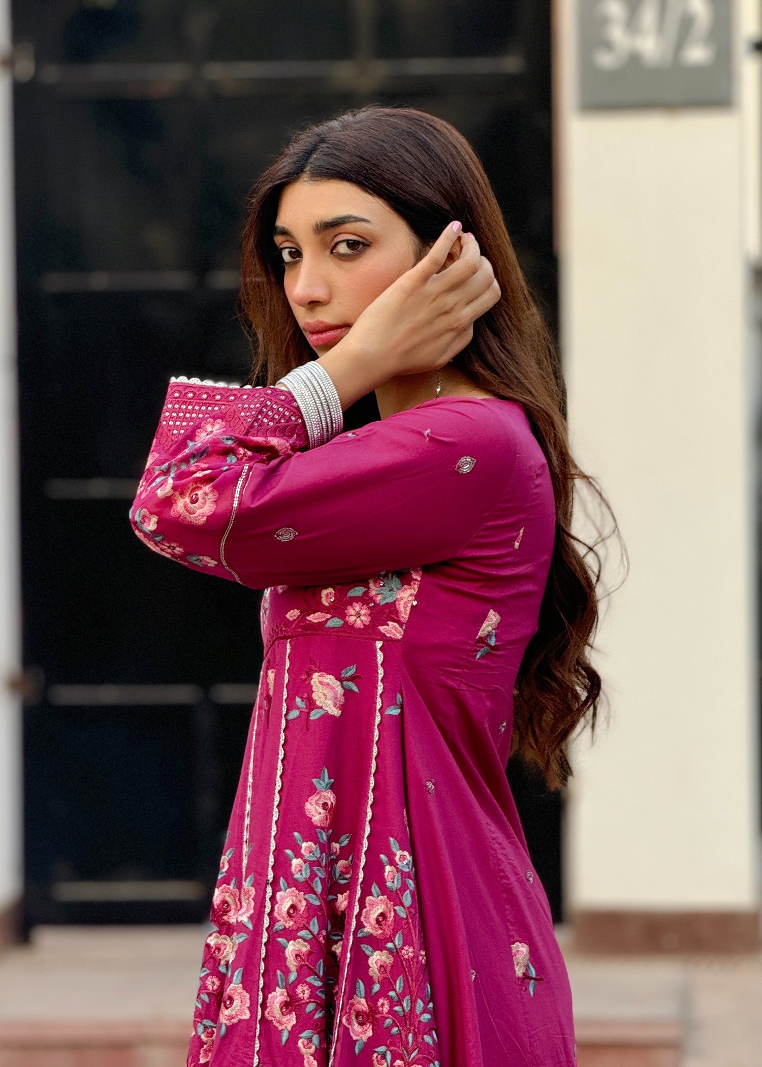 lawn cotton Anarkali in Raspberry pink