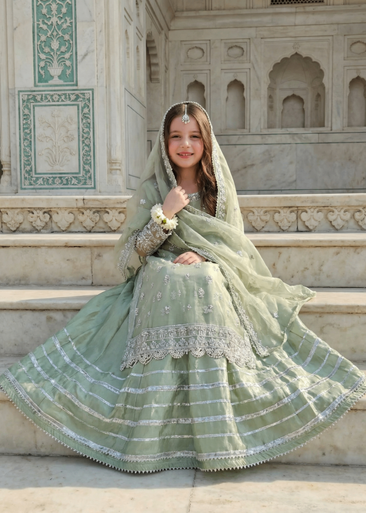 organza Lehenga in Pistachio green