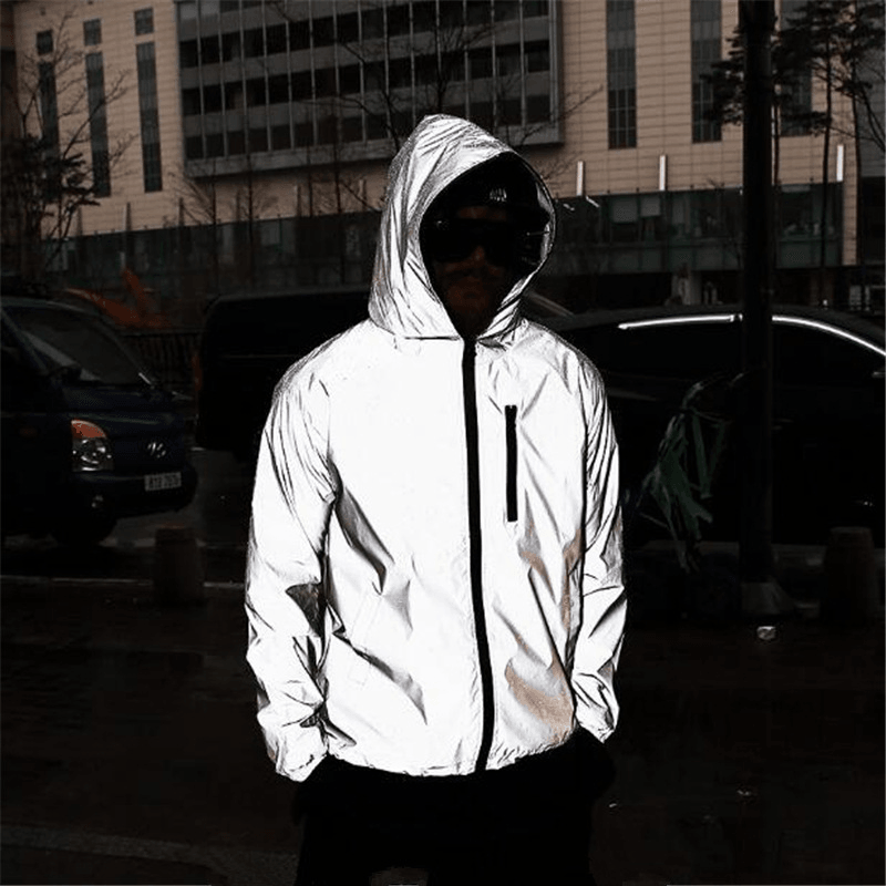 Solid Color Zipper Decoration Reflective Jacket Men'S Jacket