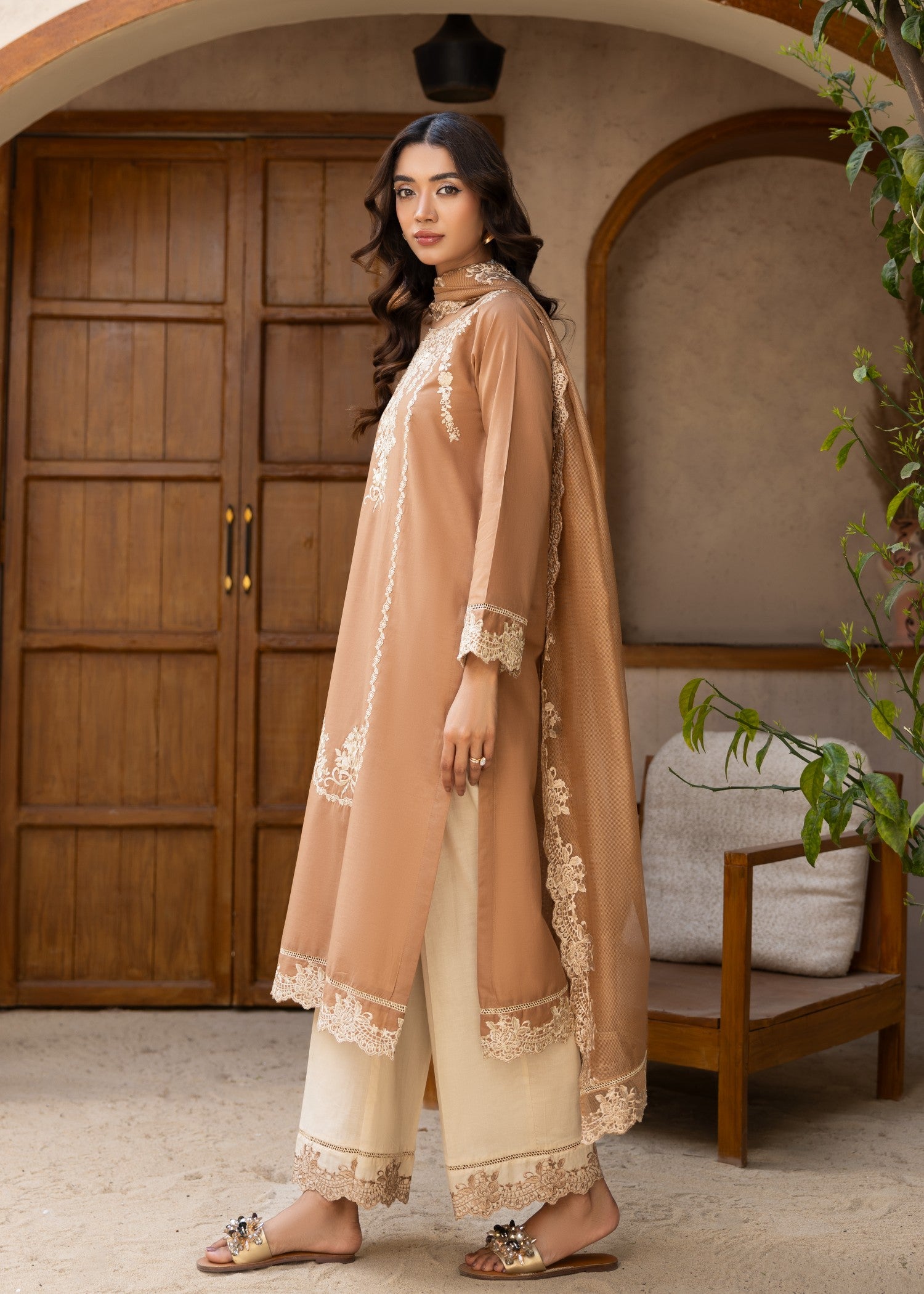 lawn cotton Kurta Set in Peanut