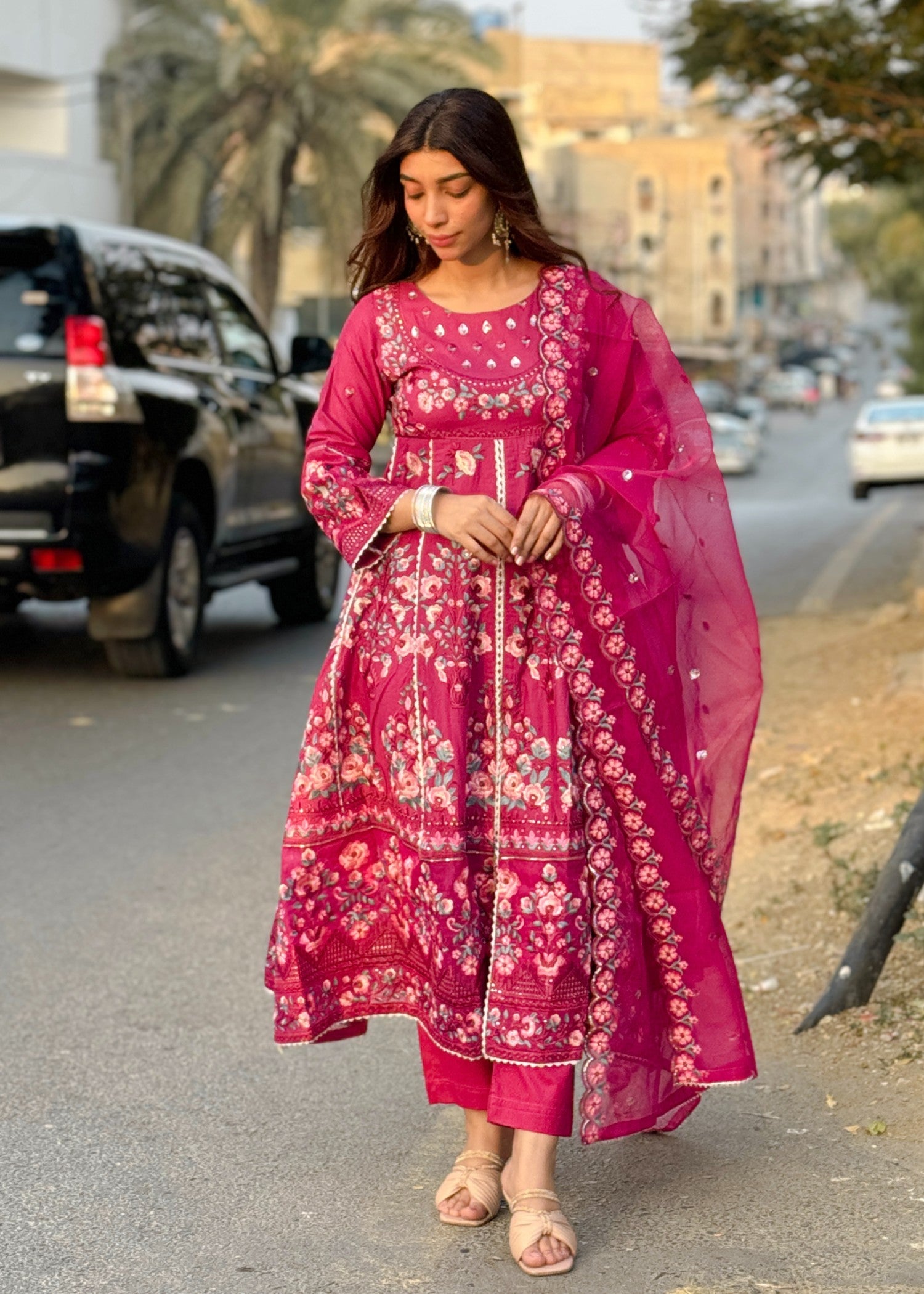 lawn cotton Anarkali in Raspberry pink
