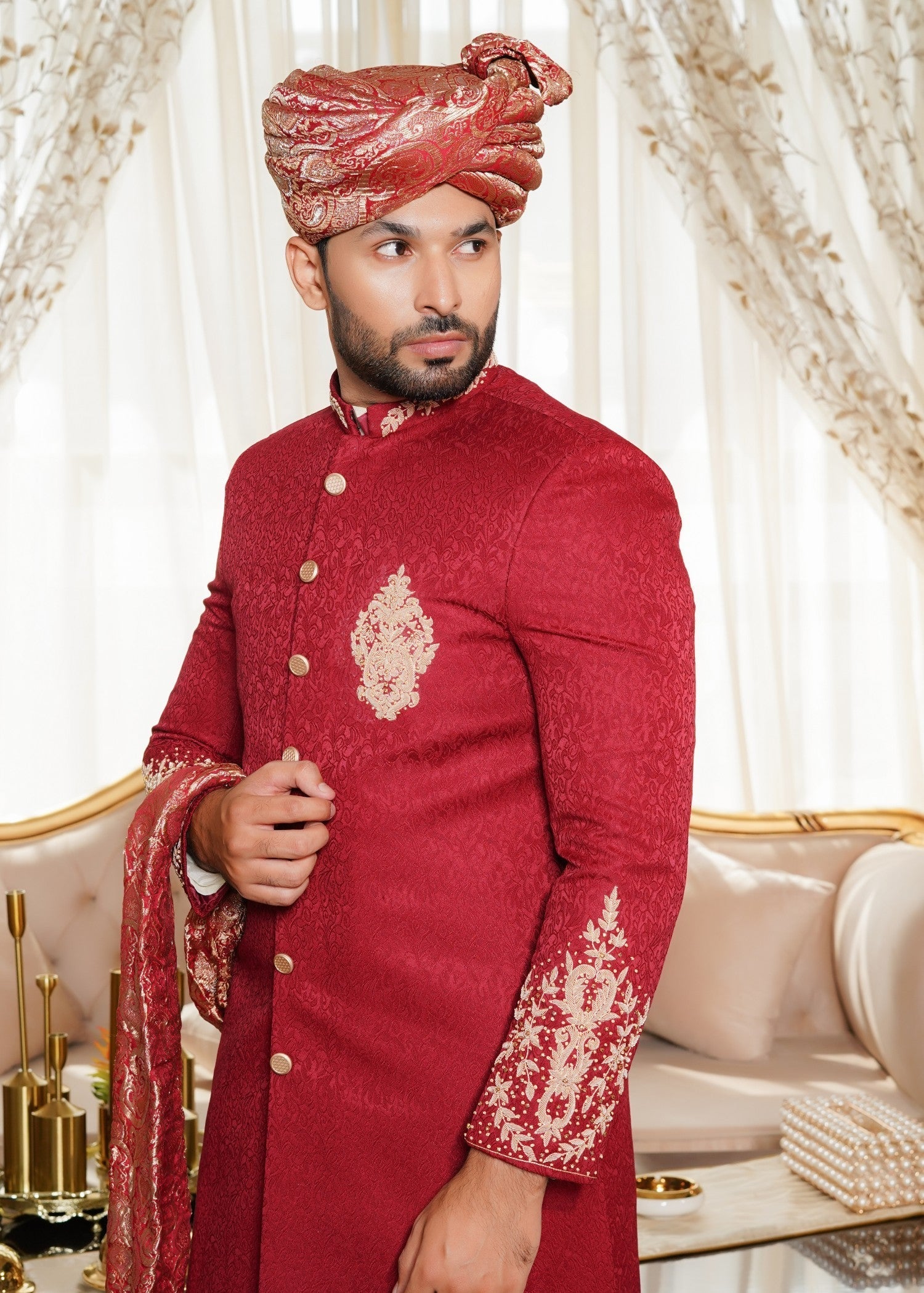 jamawar Sherwani in Maroon