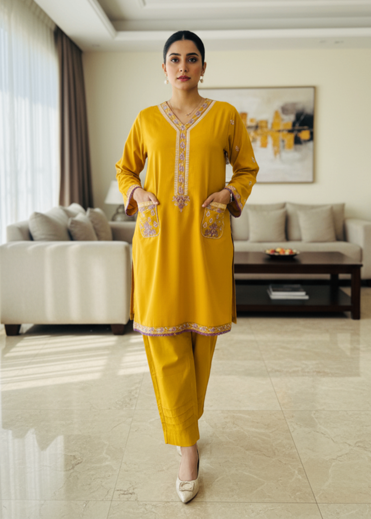 dhanak Unstitched in Lemon