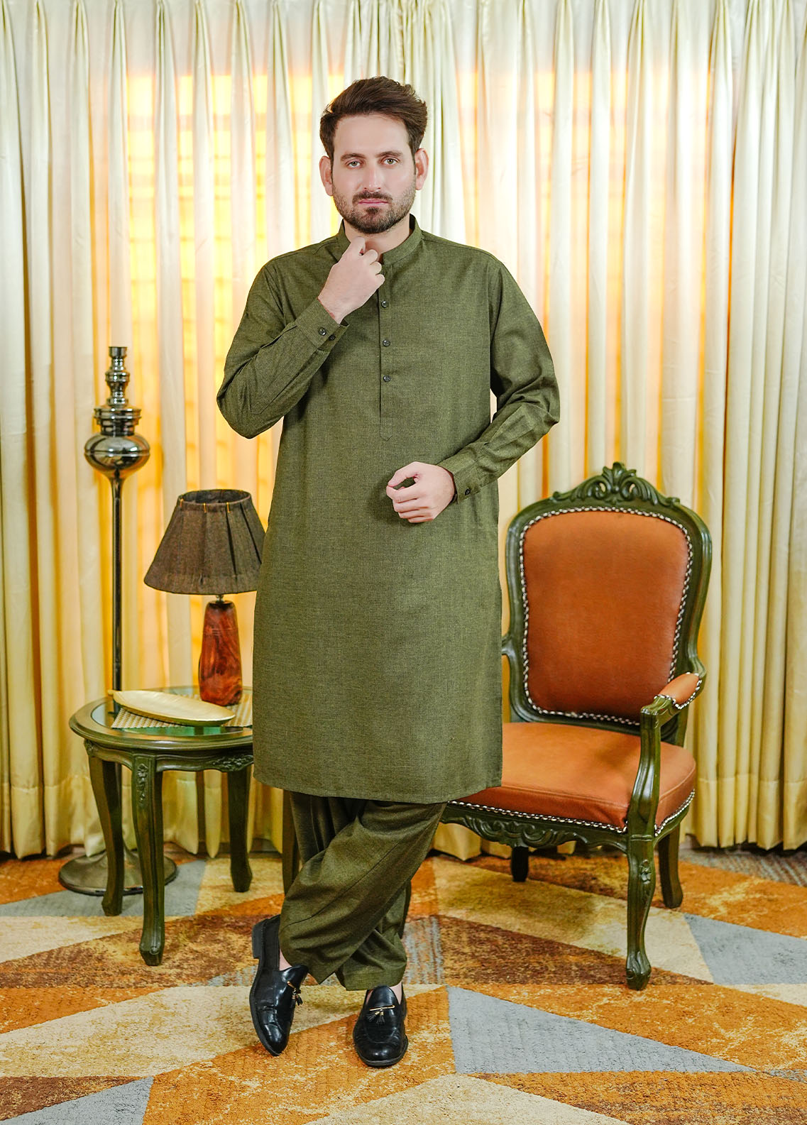 acrylic wool Shalwar Kameez in Olive green