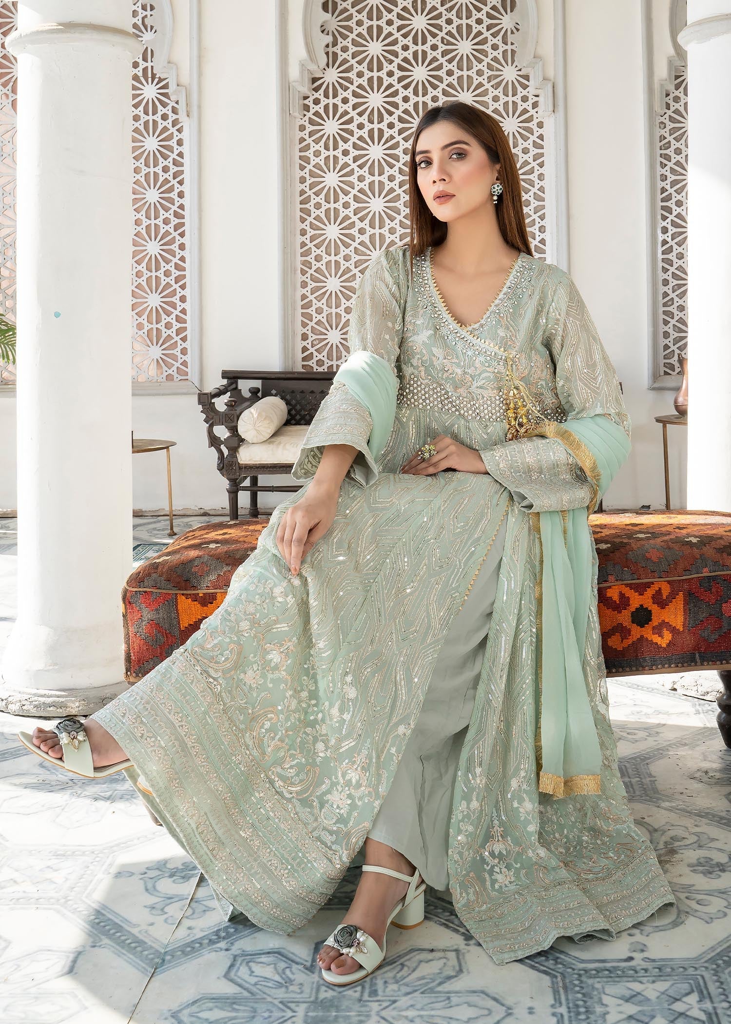 chiffon Angrakha in Aquamarine
