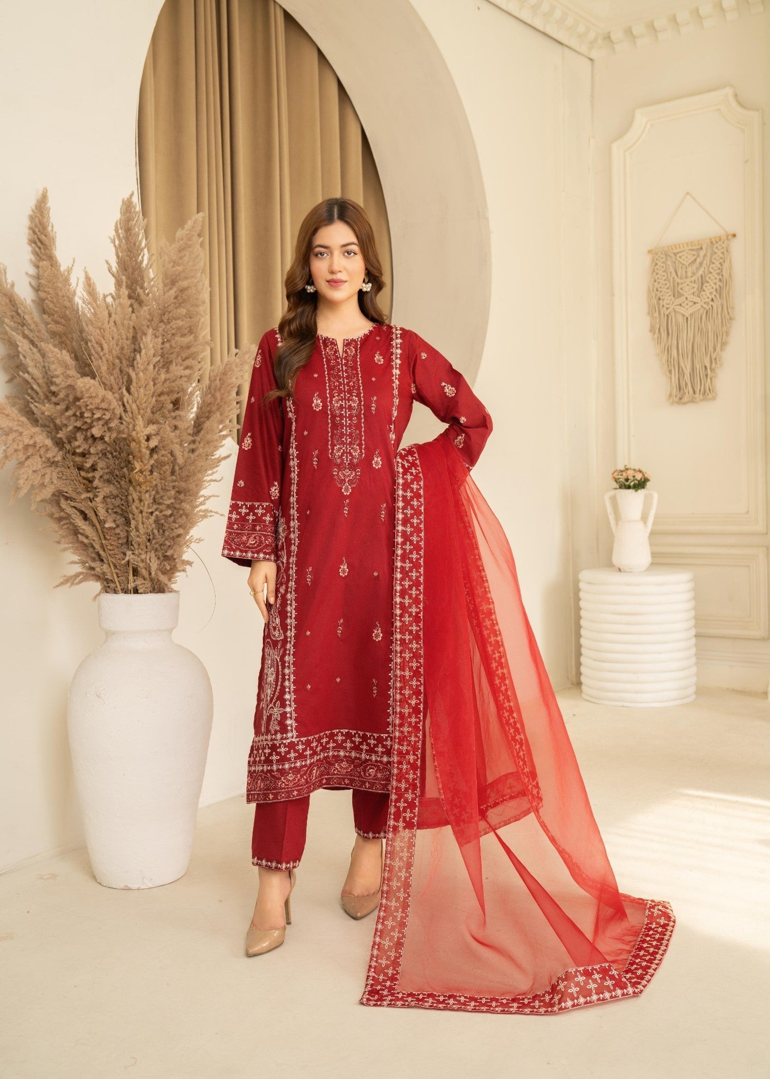 lawn cotton Kurta Set in Chili red