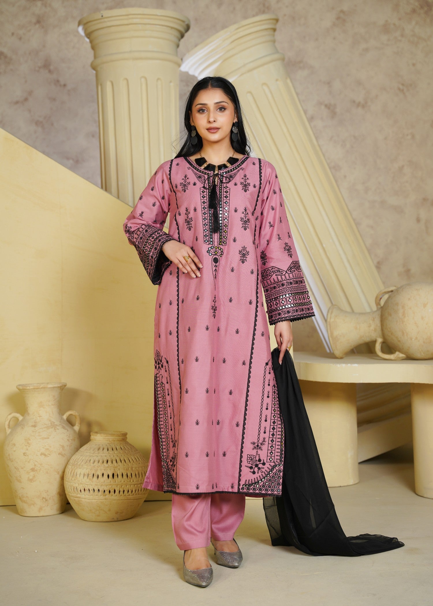 linen chambray Kurta Set in Peach pink