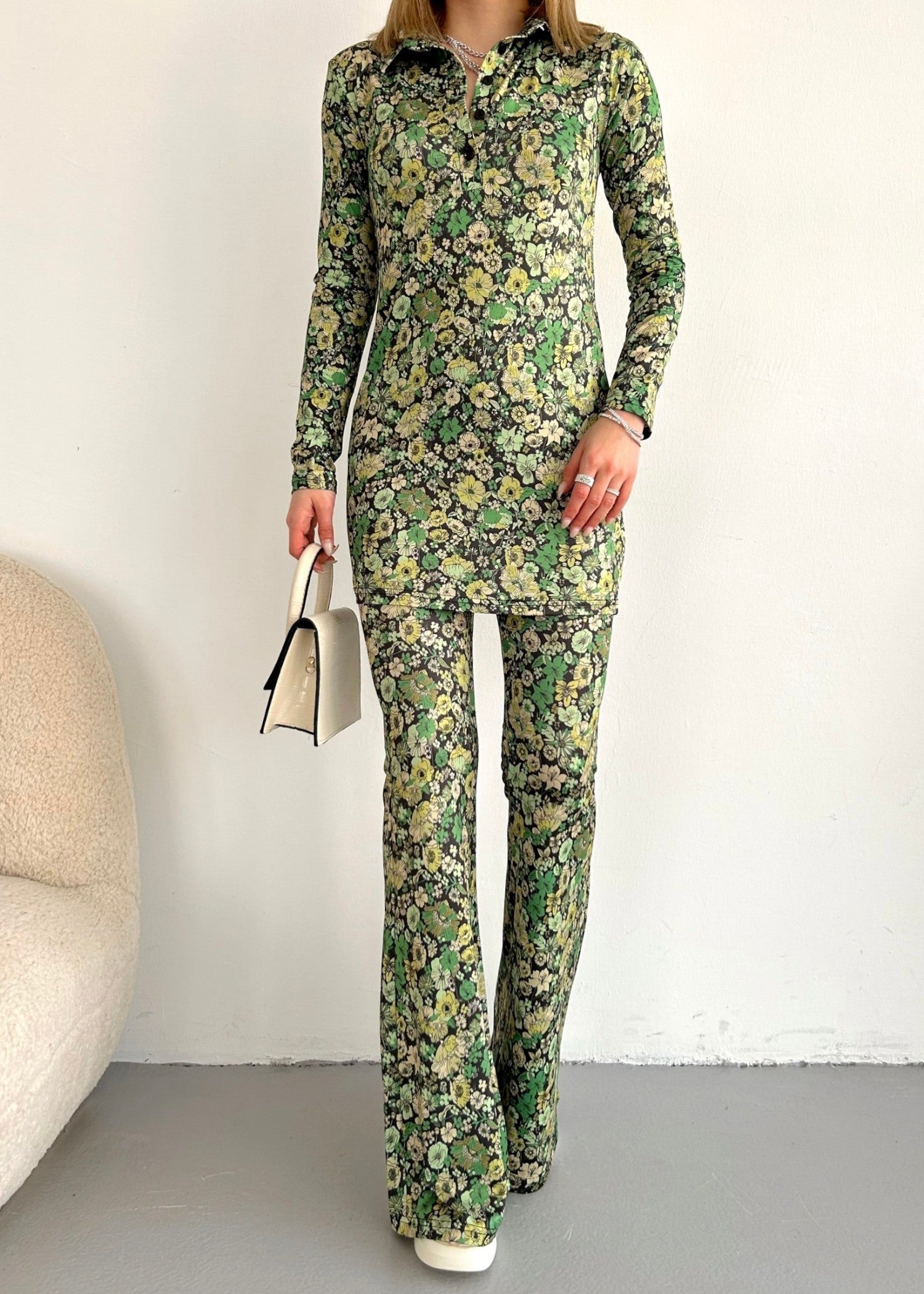 polyester-silk blend Co Ord Sets in Forest green