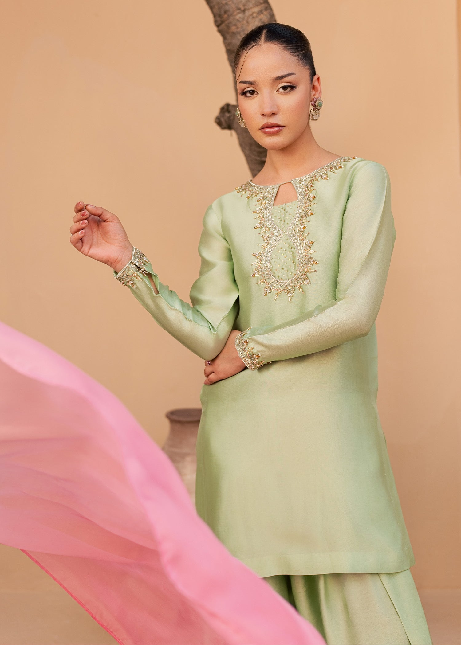 tussar silk Kurta Set in Mint green