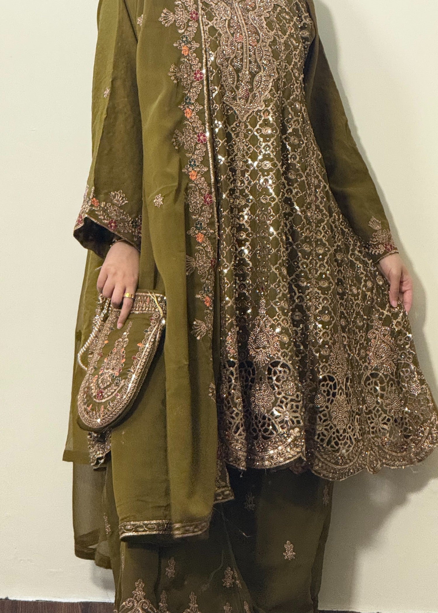 chiffon Short Frock in Olive green