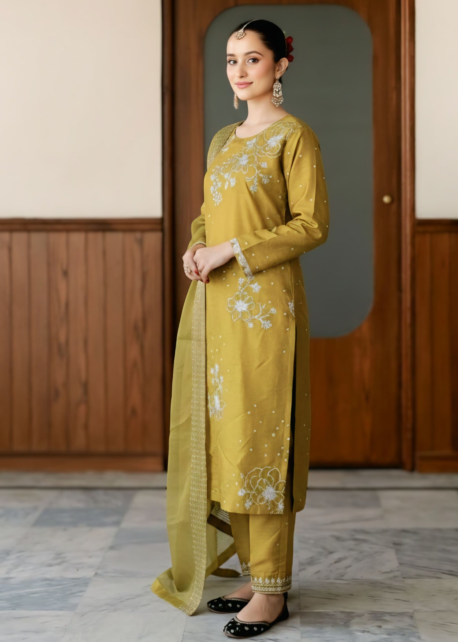 polyester kattan silk Kurta Set in Mustard
