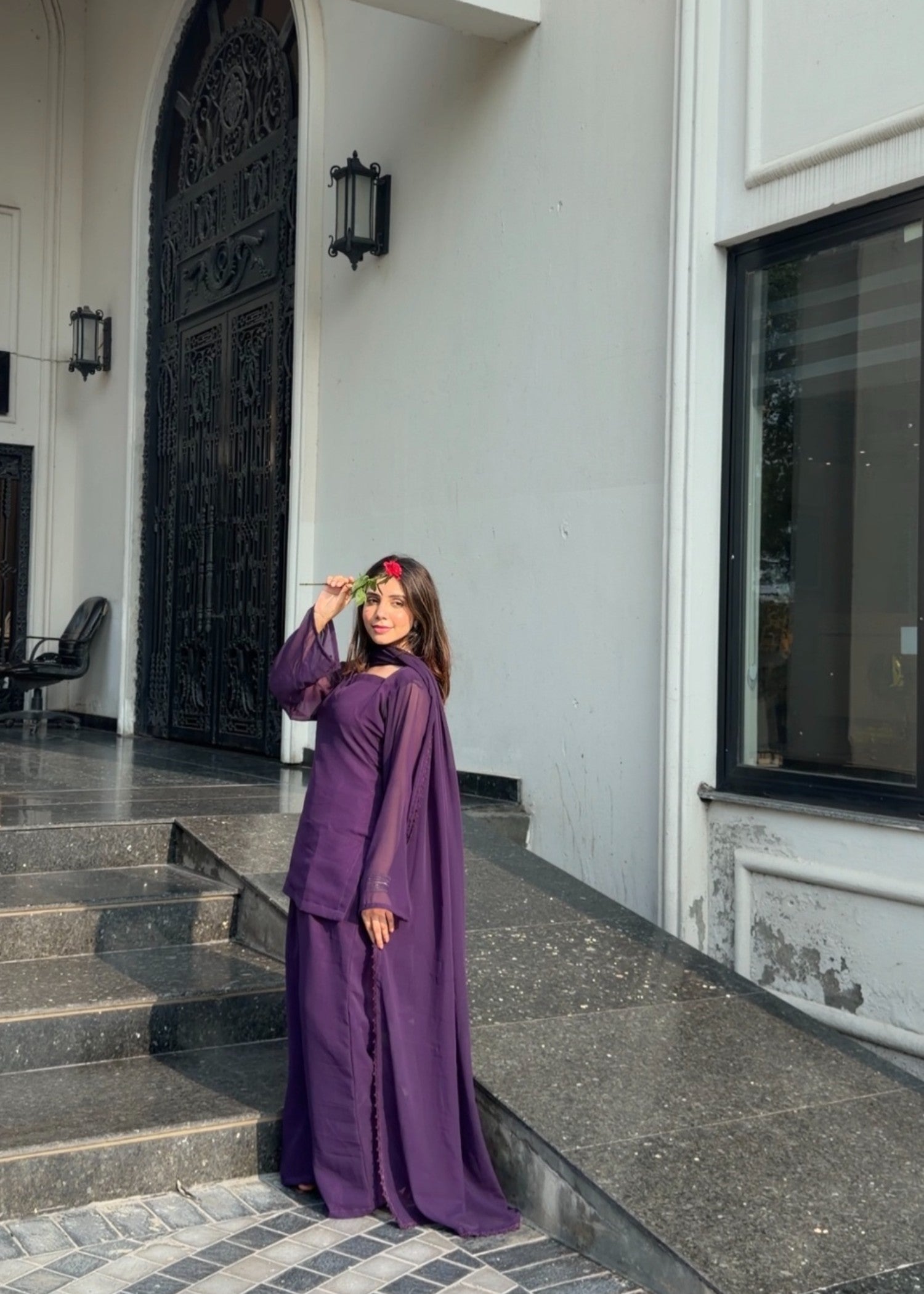 chiffon Kurta Set in Royal purple
