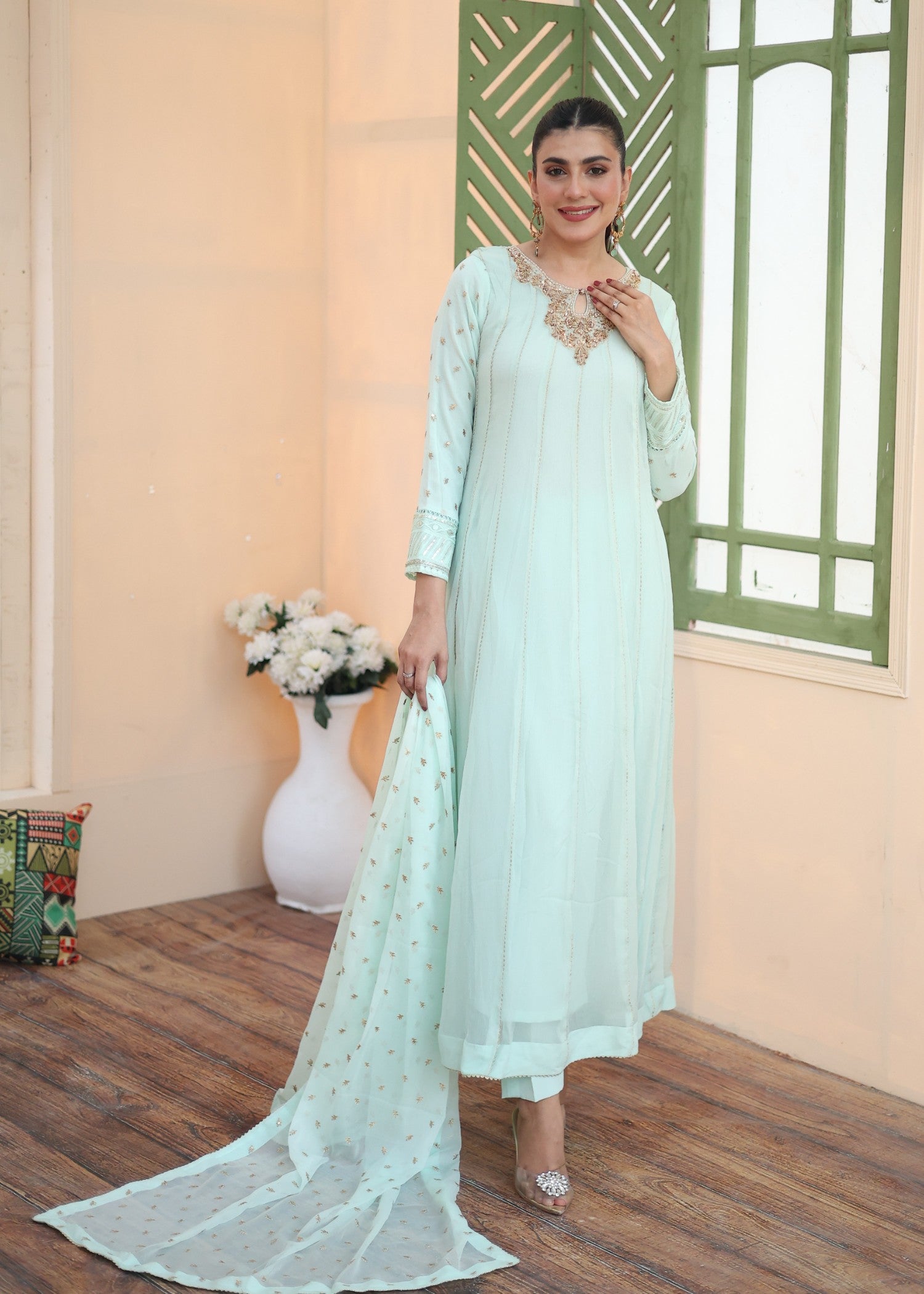 bemberg crinkle chiffon Maxi in Mint green