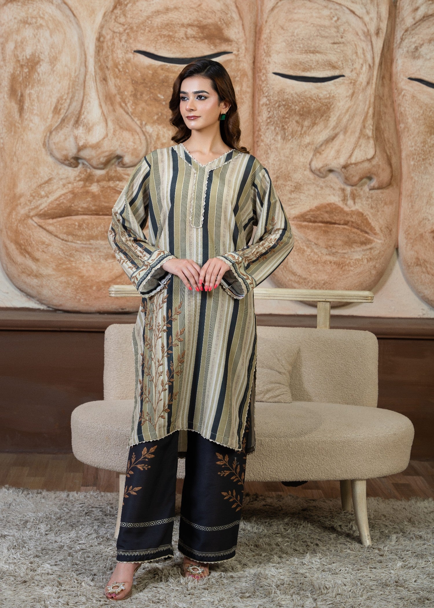 poly viscose Kurta Set in Beige, olive green, deep black