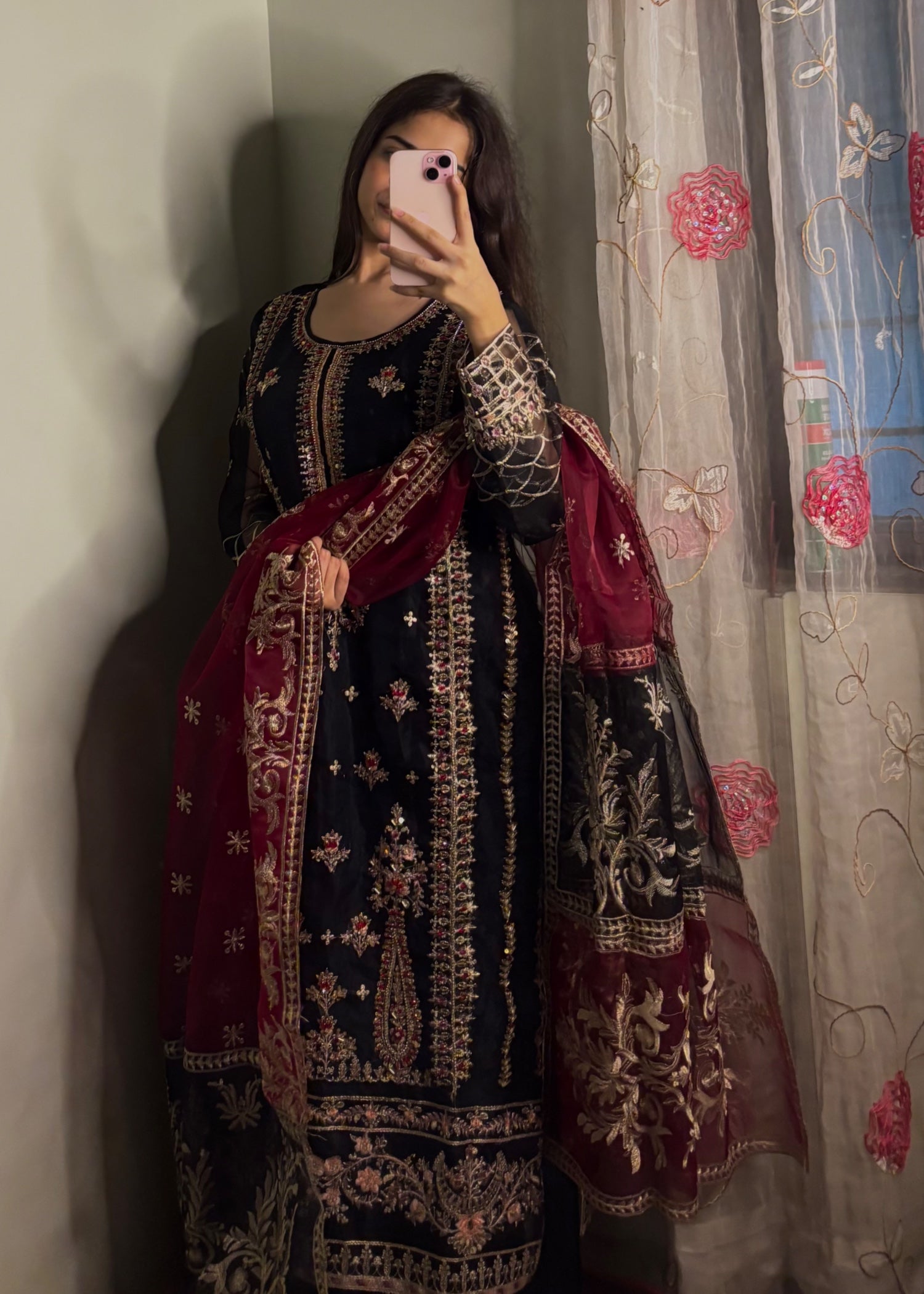 organza Sharara in Maroon, black