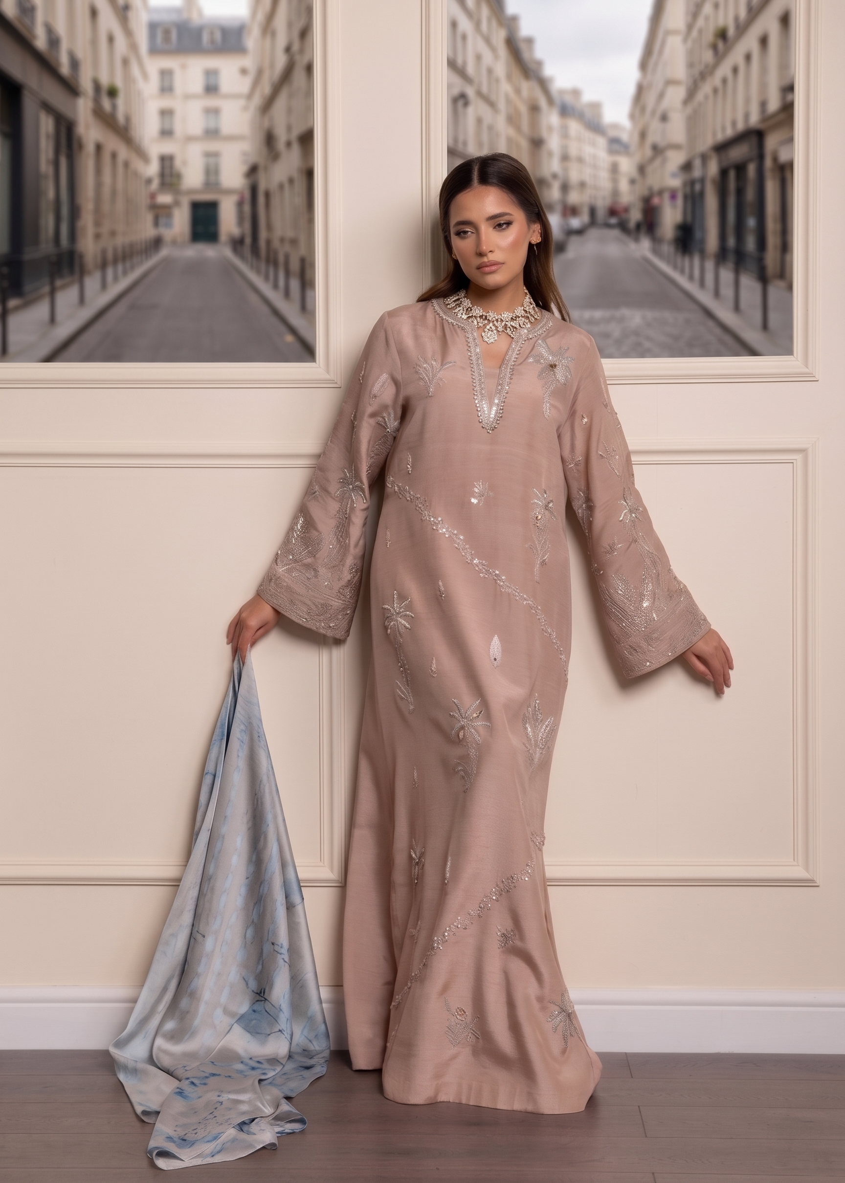 korean raw silk Kaftan in Blush pink