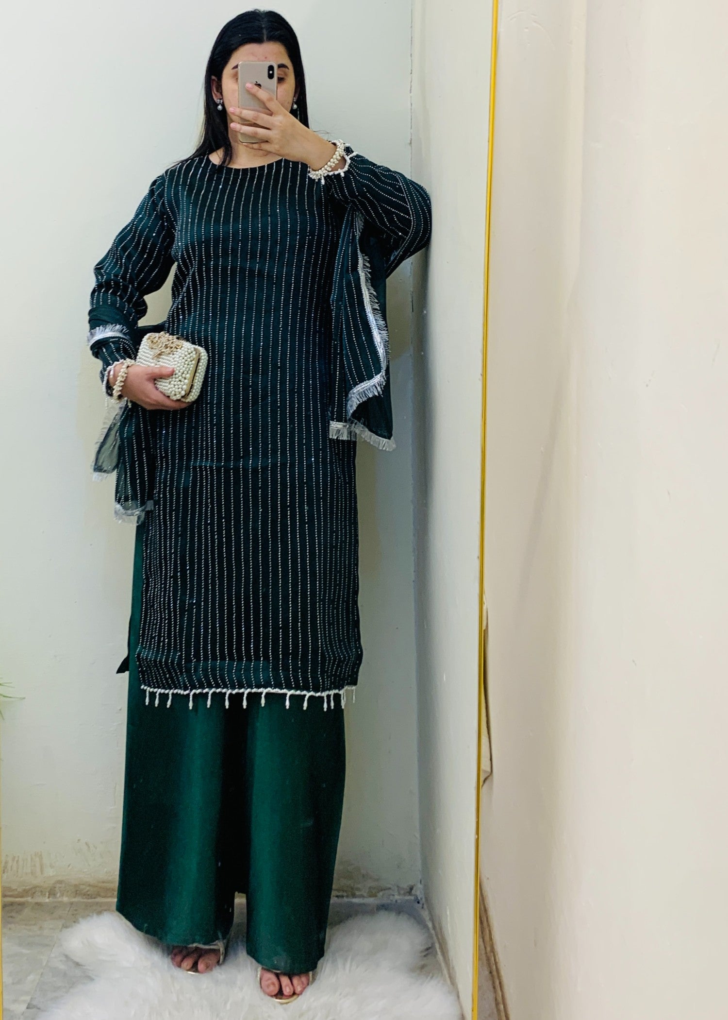 crinkle Kurta Set in Bottle green