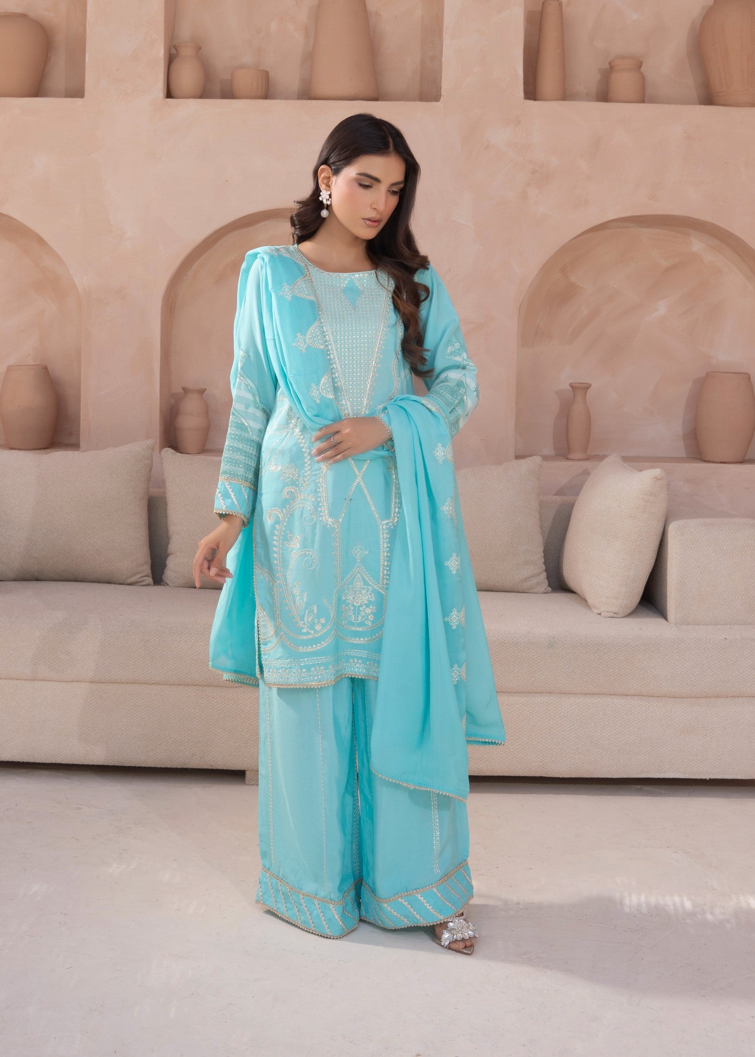 silk grip Kurta Set in Sky