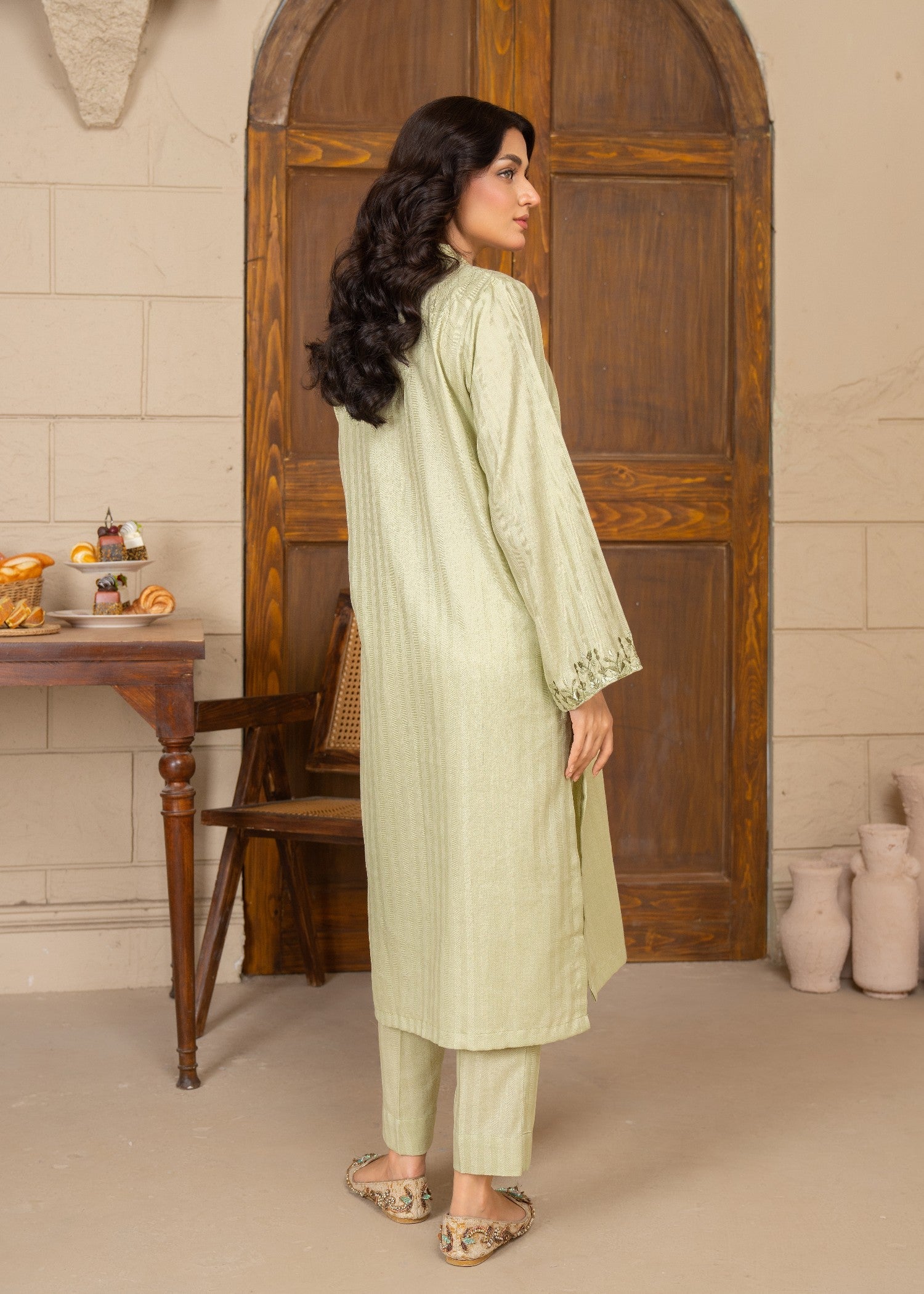 self jacquard Kurta Set in Pistachio green
