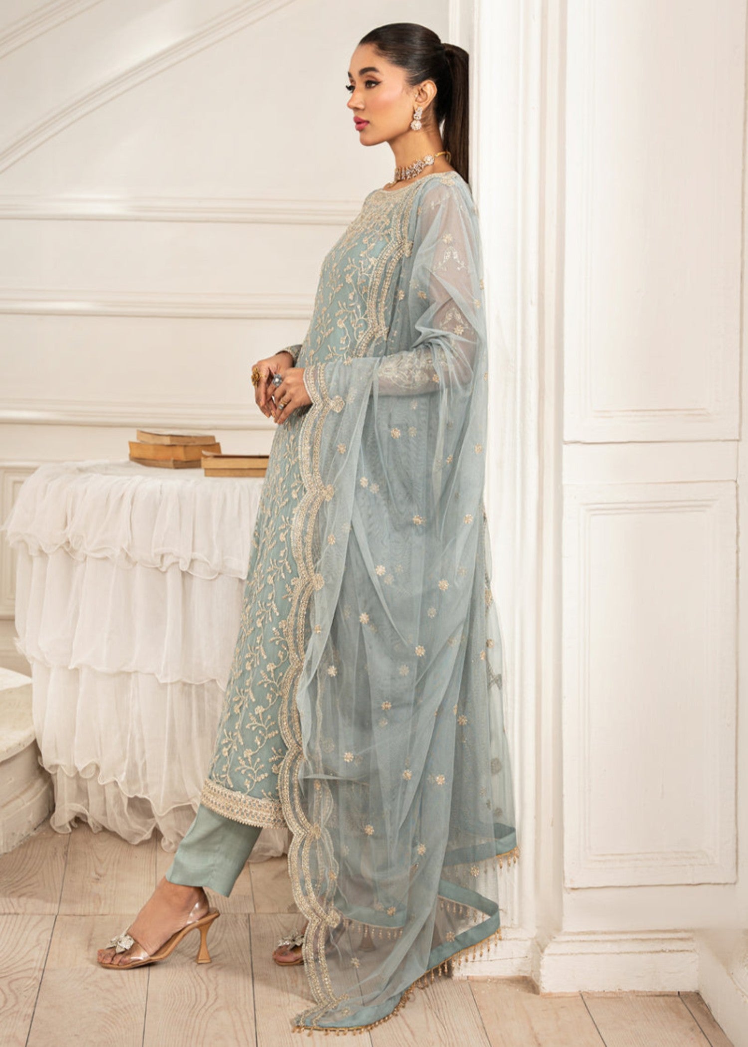 net Kurta Set in Pastel green