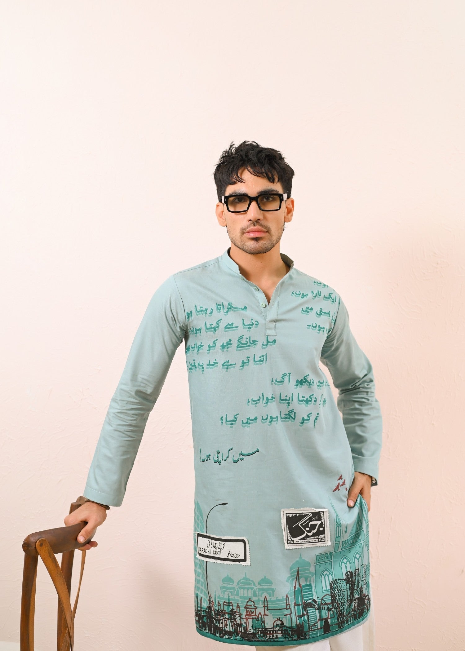 blended satin Kurta in Green