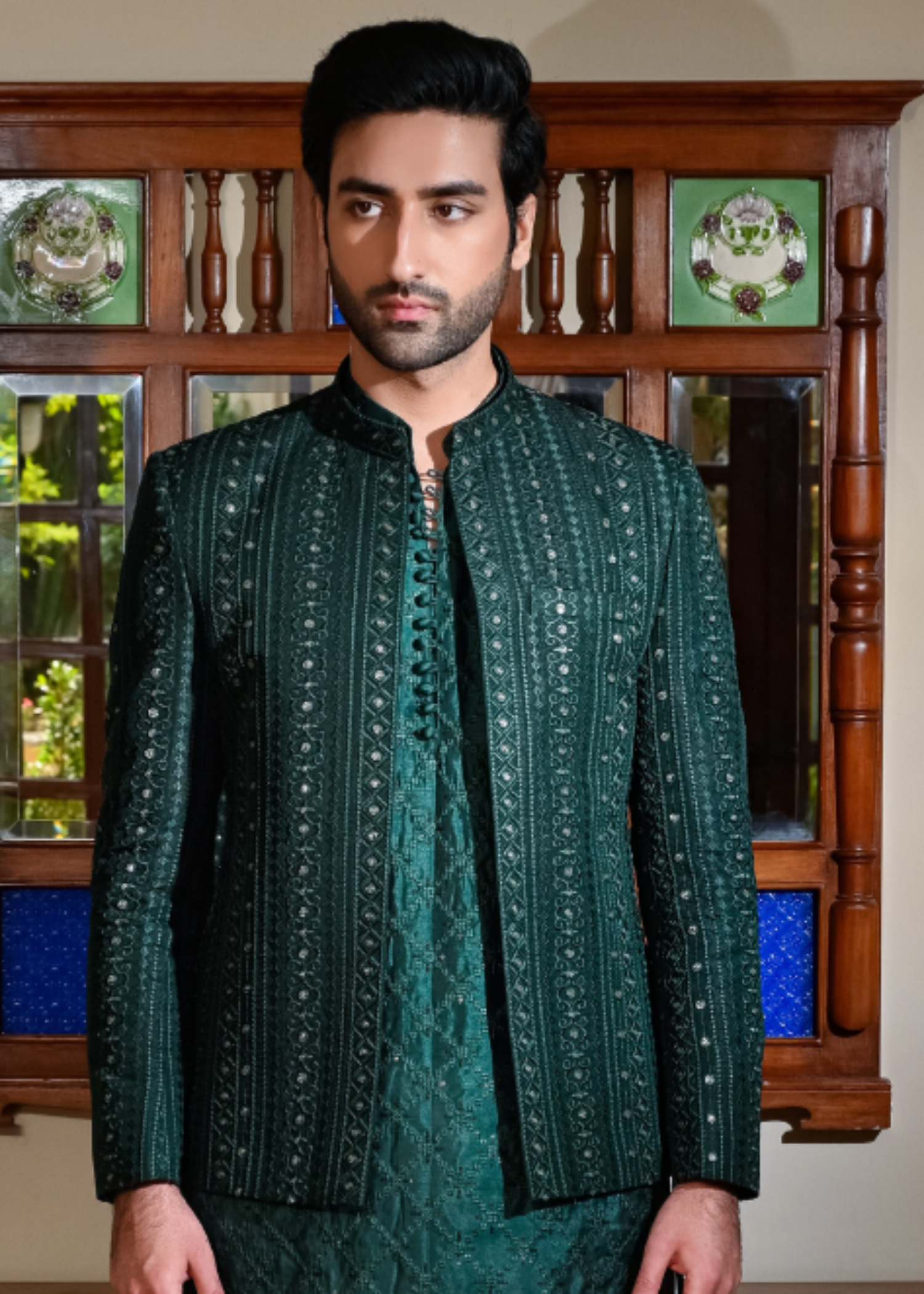 raw silk Prince Coat in Emerald green