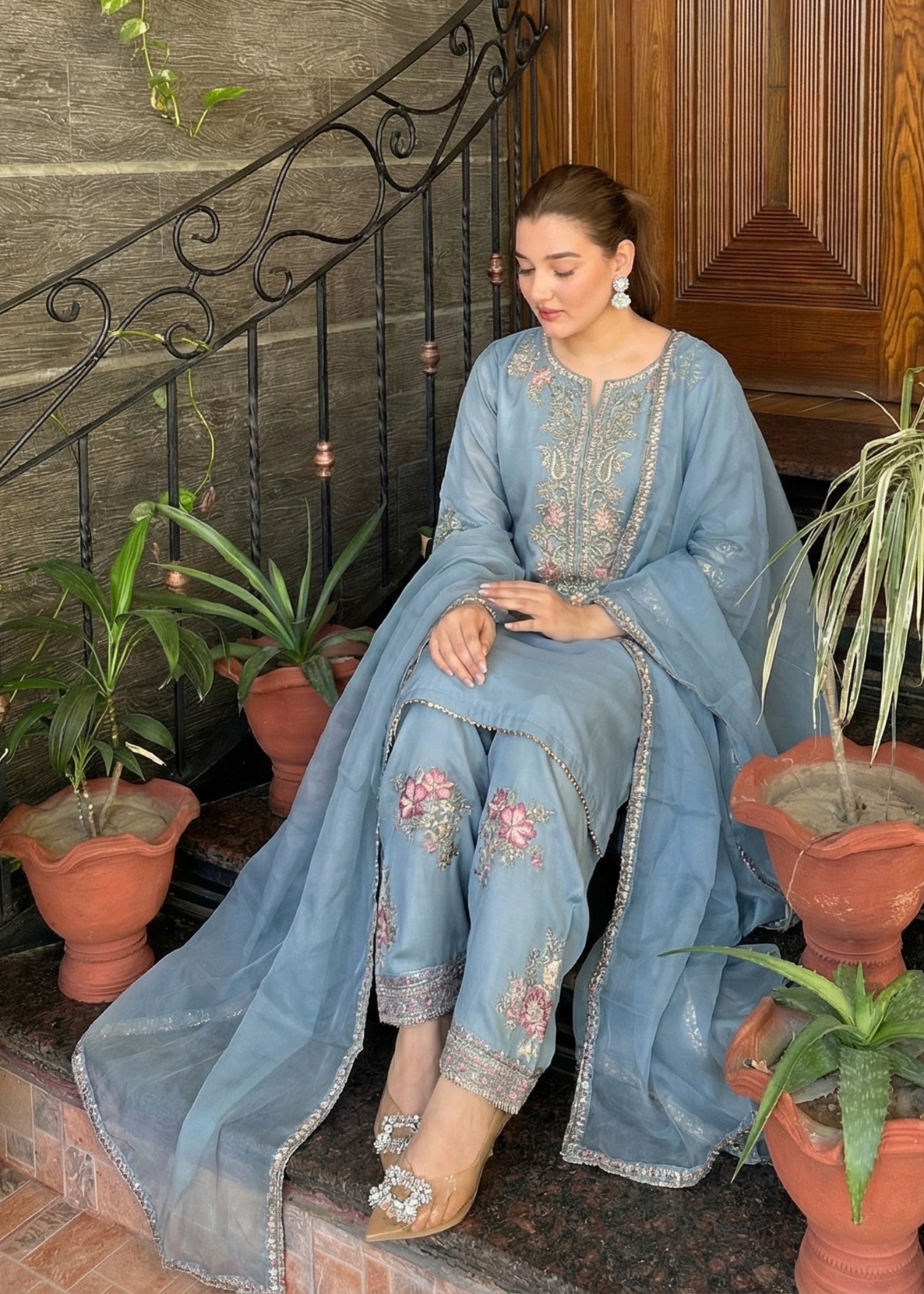 silk Kurta Set in Light blue