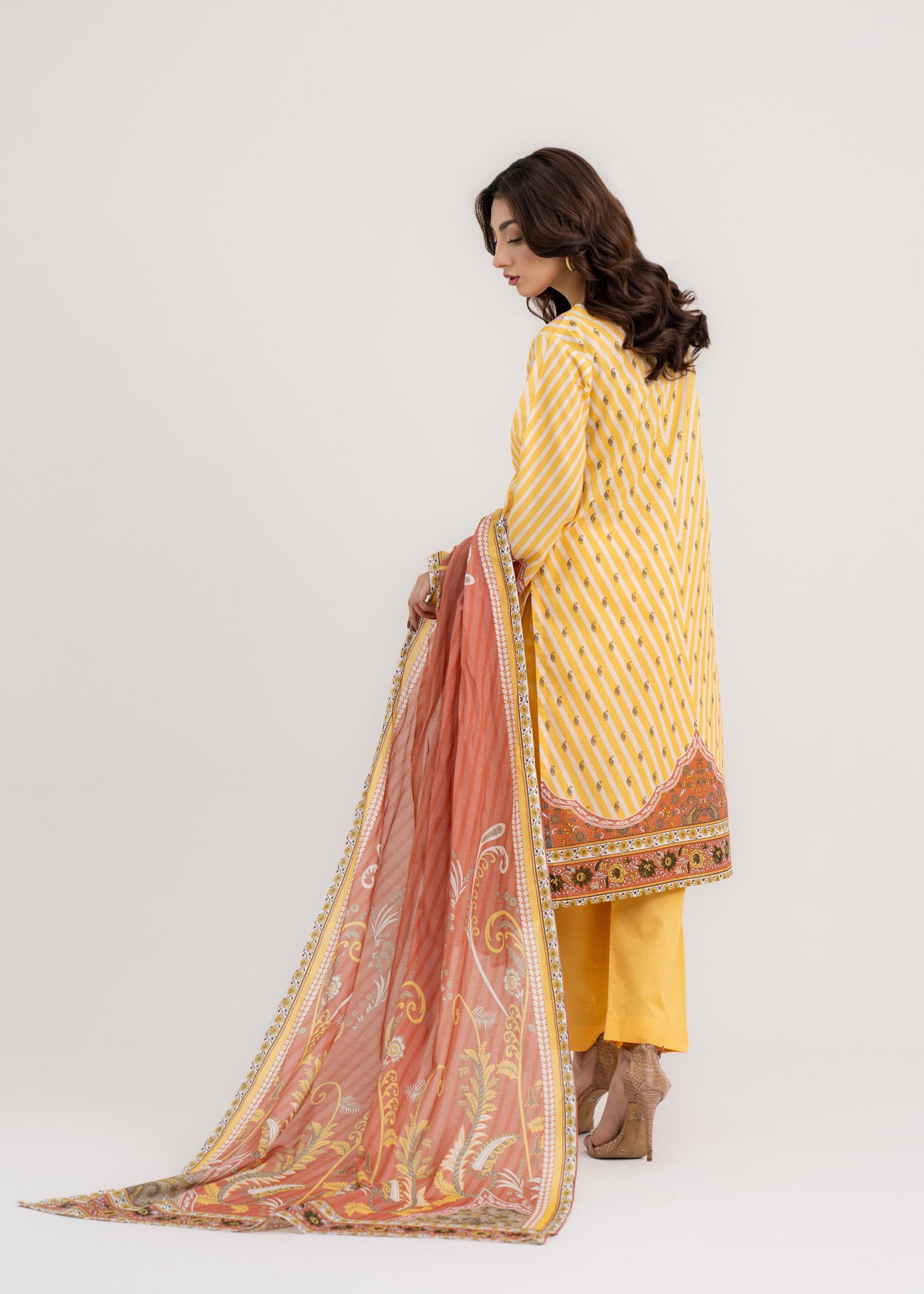 lawn Unstitched in Peach pink, yellow