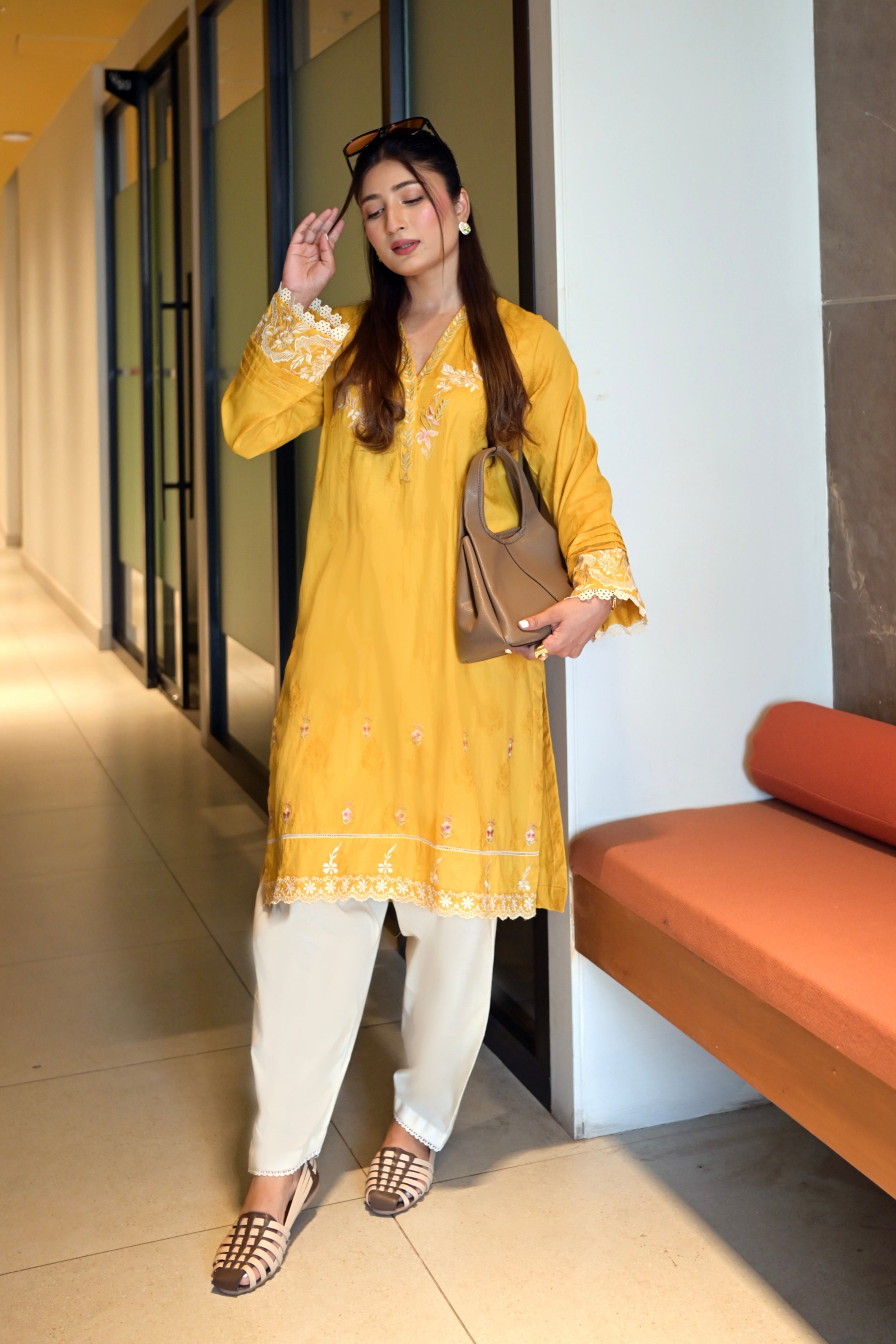 jacquard Kurti in Mellow yellow