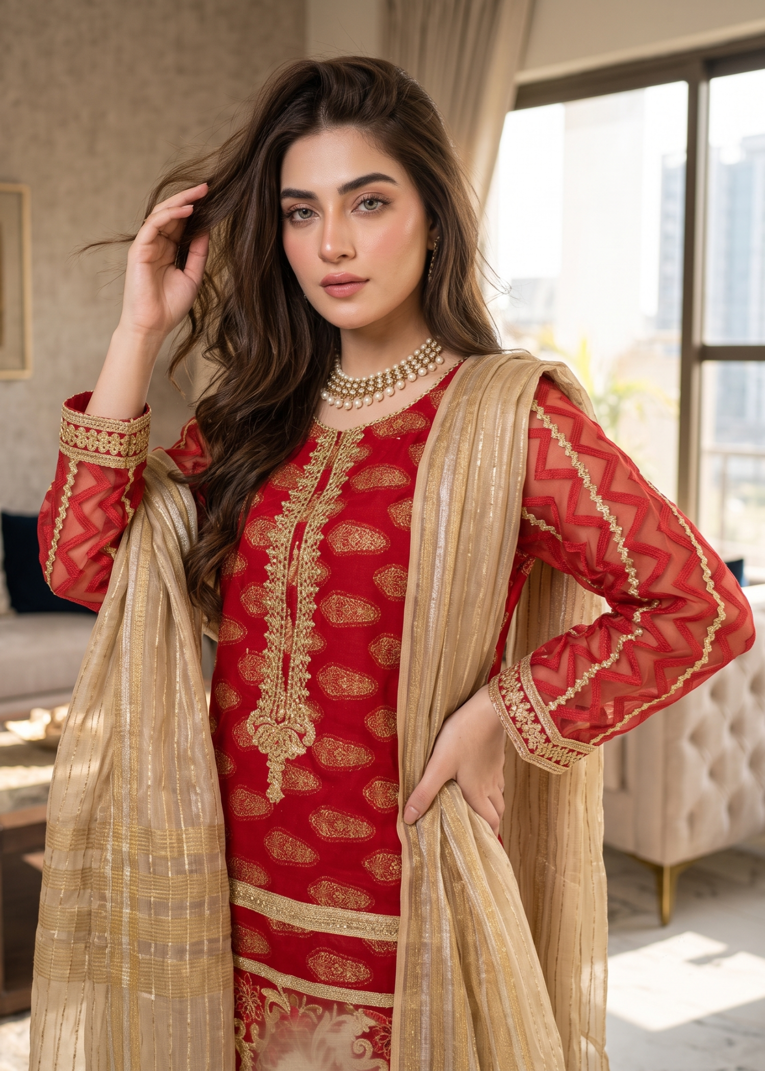 jacquard Kurta Set in Red