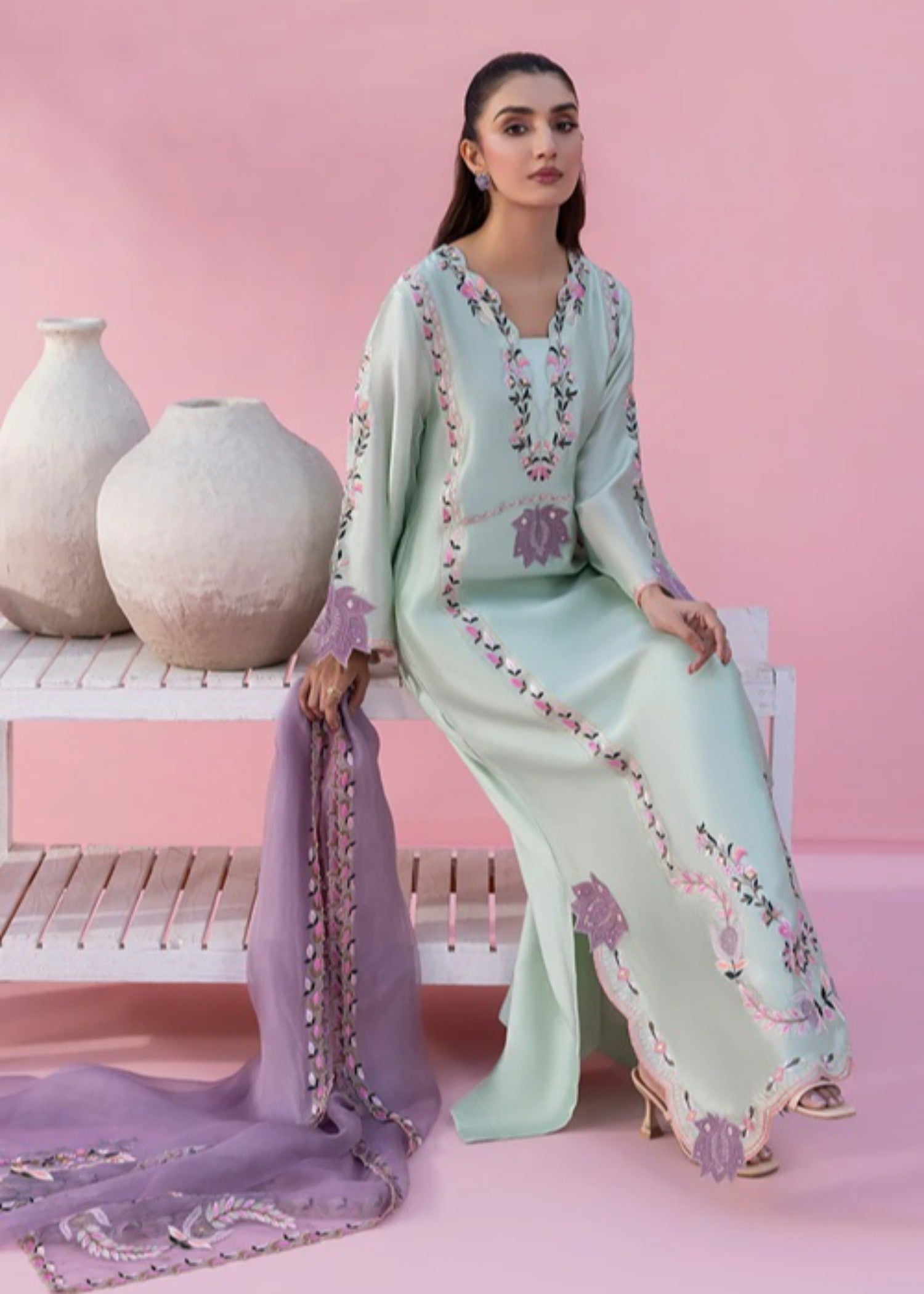 cotton silk Kaftan in Sage green