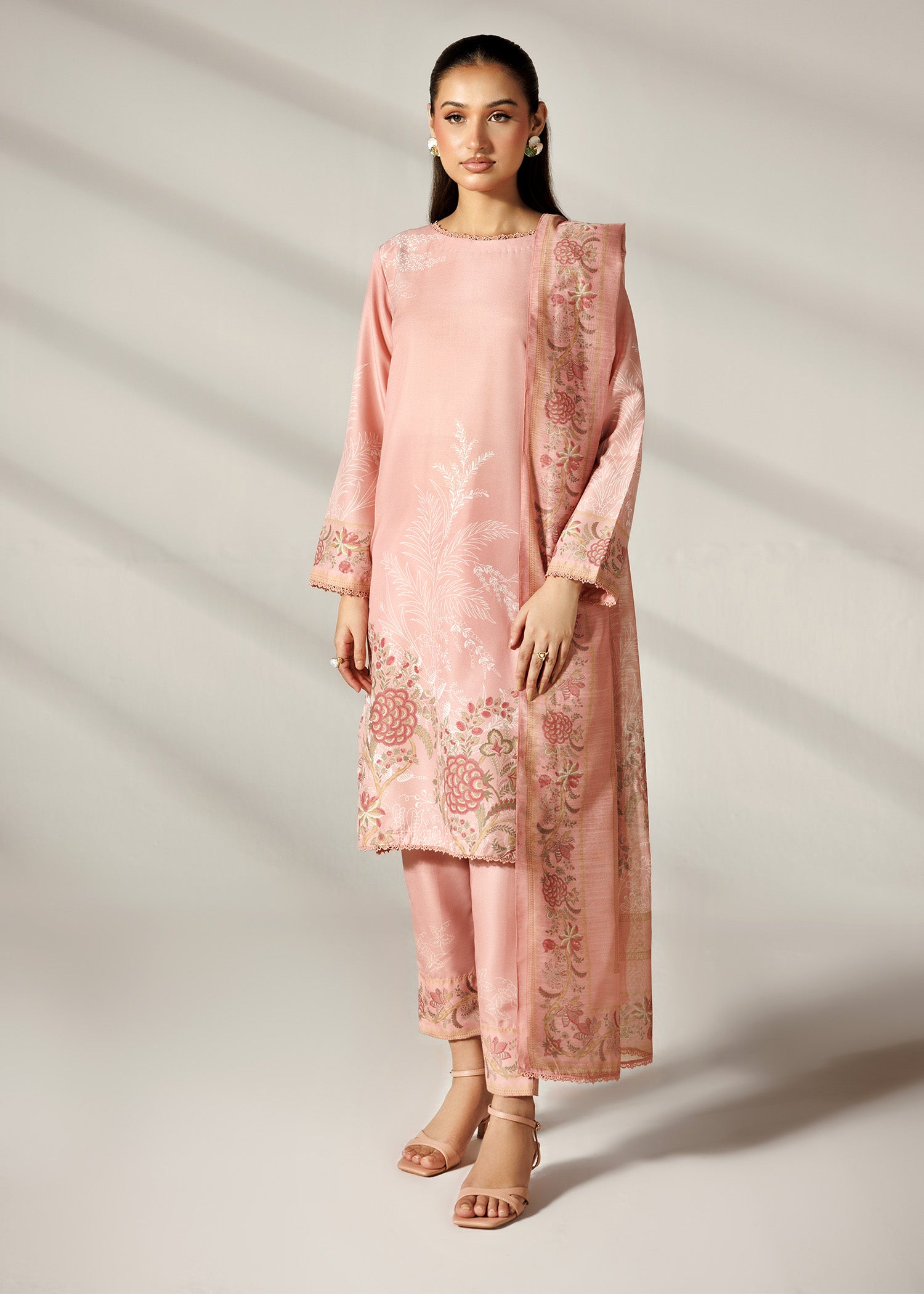 silk finish lawn Kurta Set in Peach pink