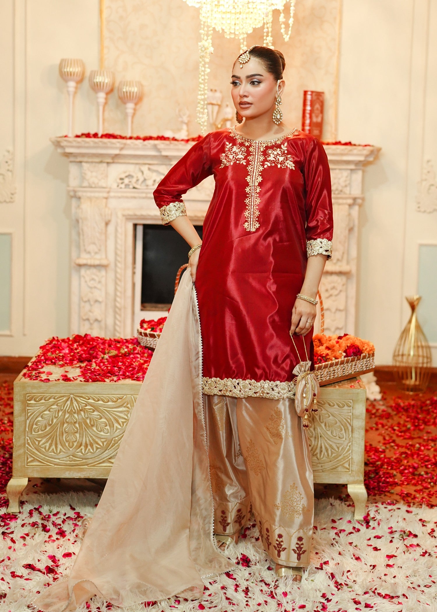 korean raw silk Kurta Set in Red, gold