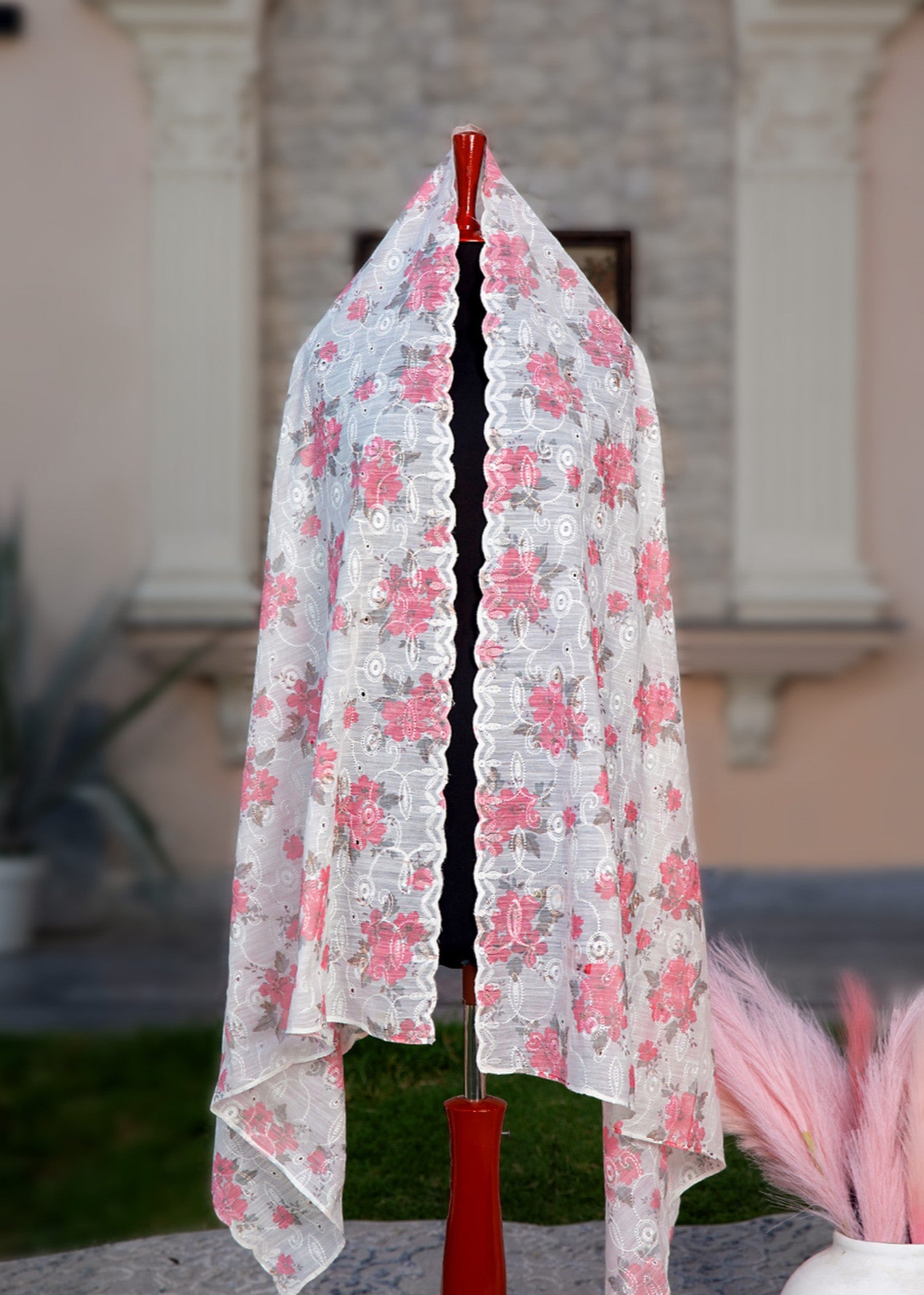 Dupatta in Coral pink, white Color by - Trendy Women Dupatta IZZ9317