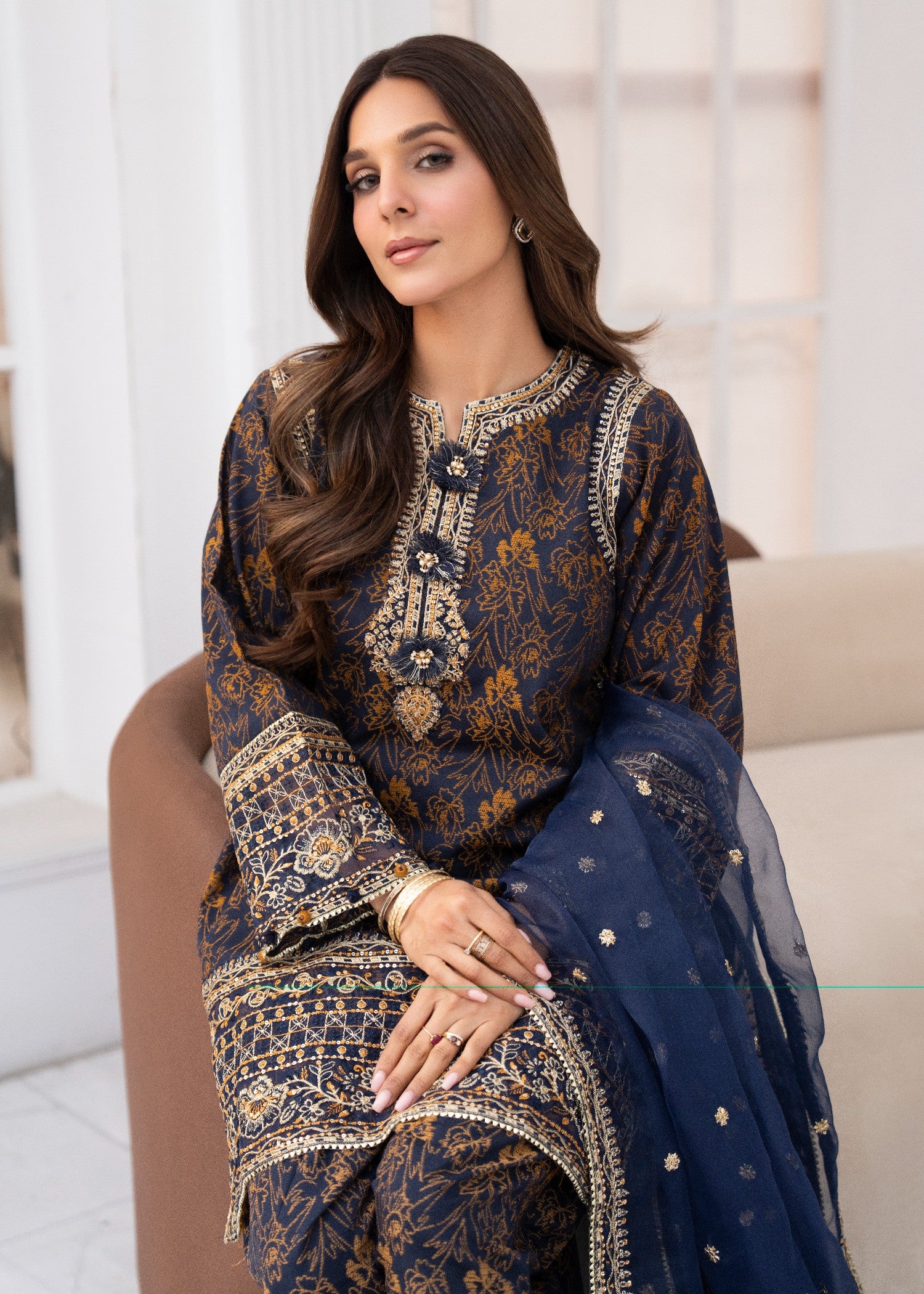 jacquard Kurta Set in Moonlight blue