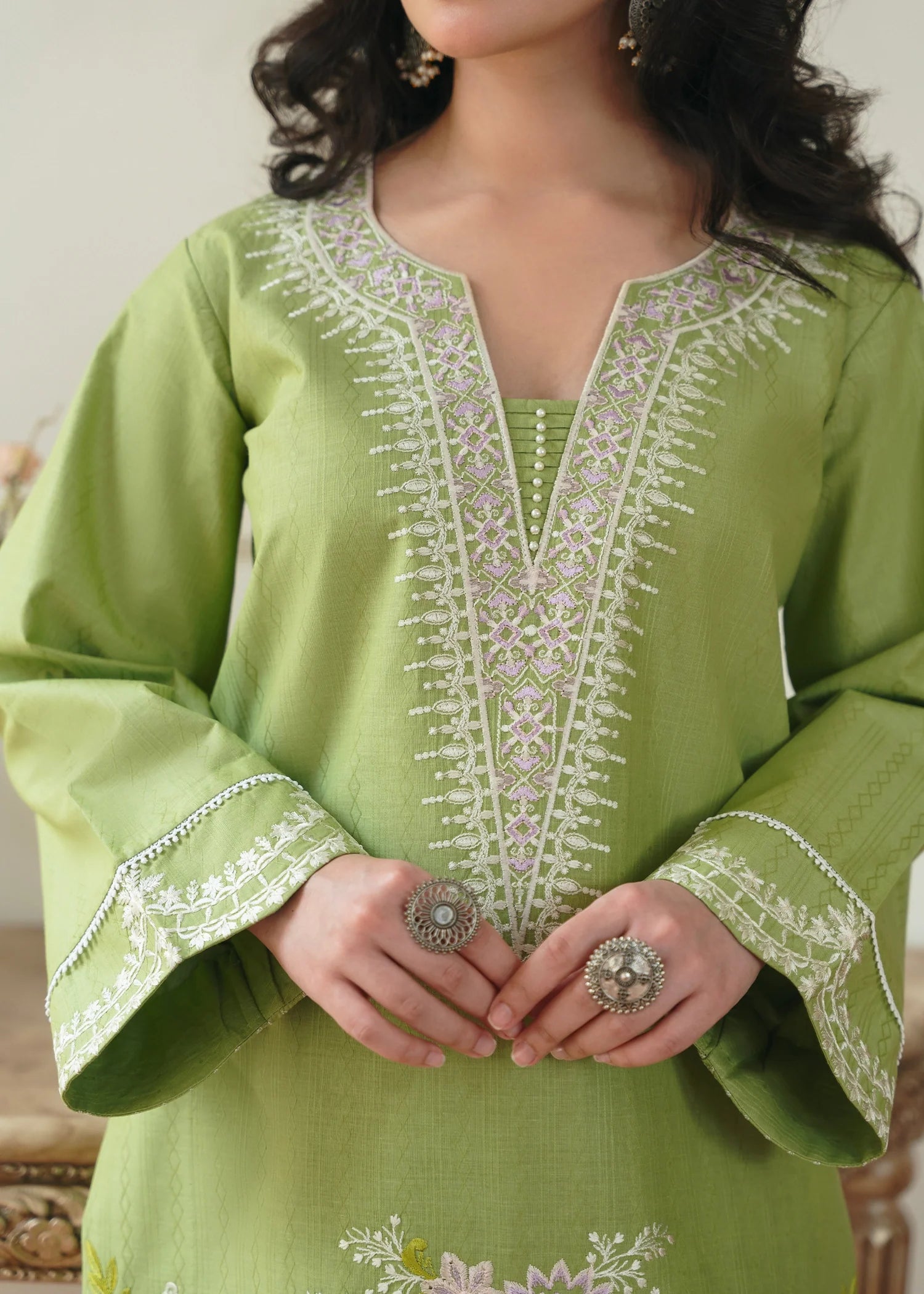 self jacquard Kurta Set in Parrot green
