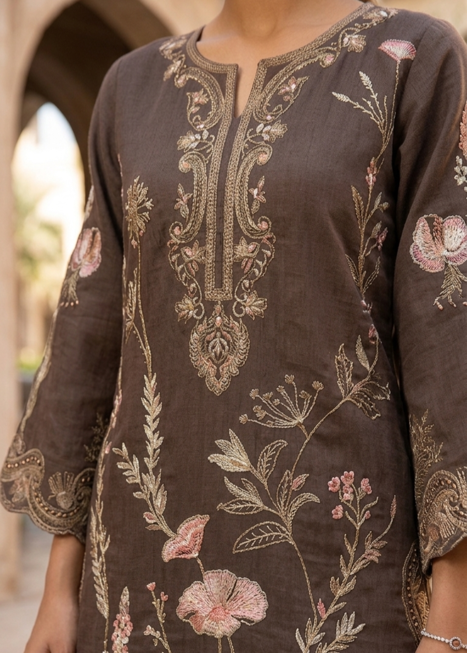 organza Kurta Set in Walnut brown