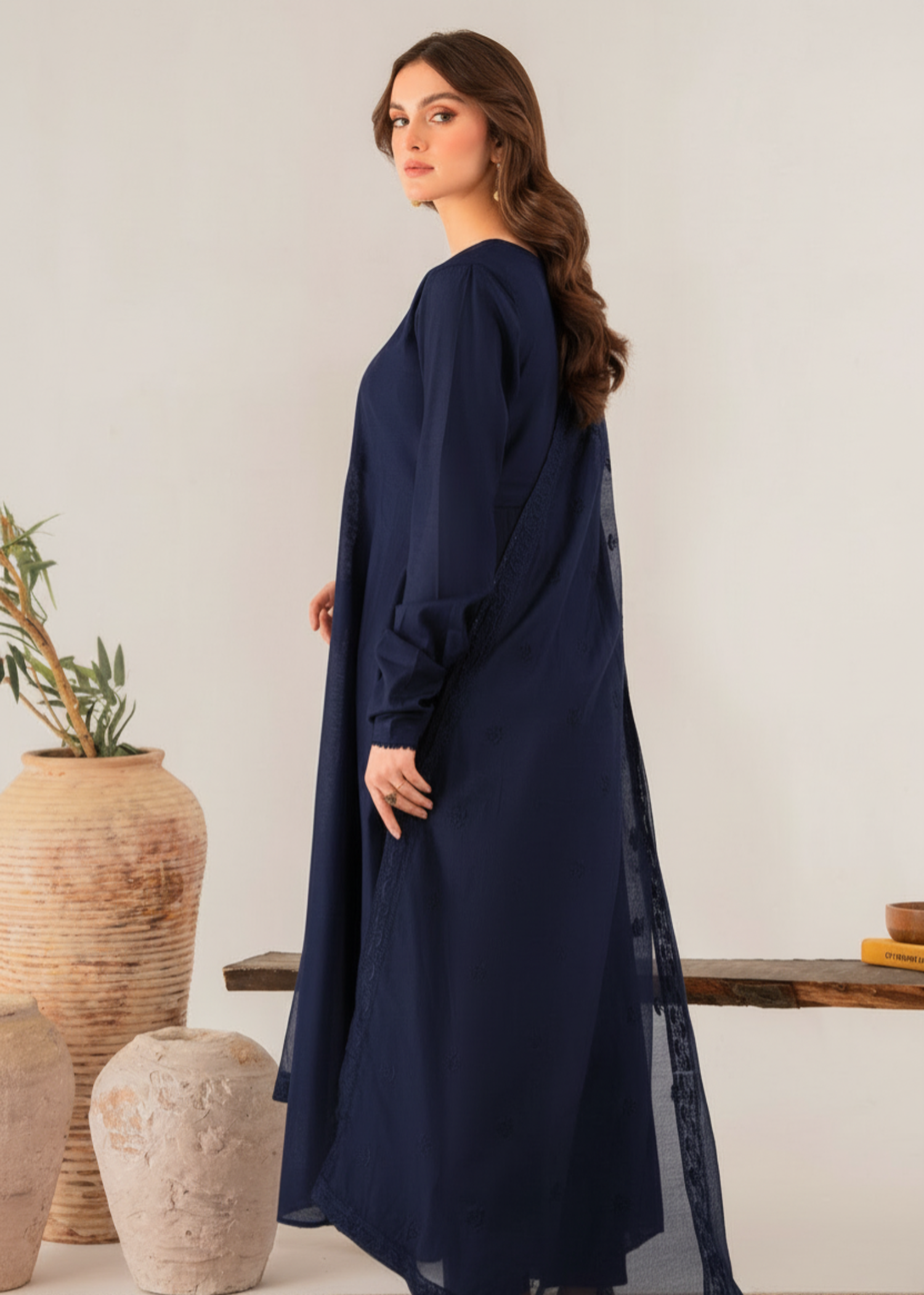 chambray Pishwas in Navy blue