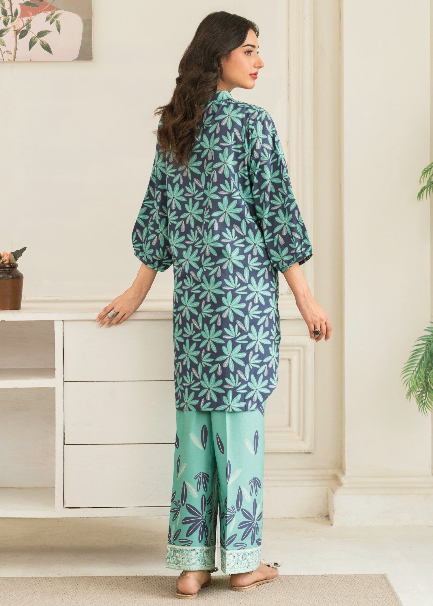cotton Kurta Set in Turquoise, navy blue