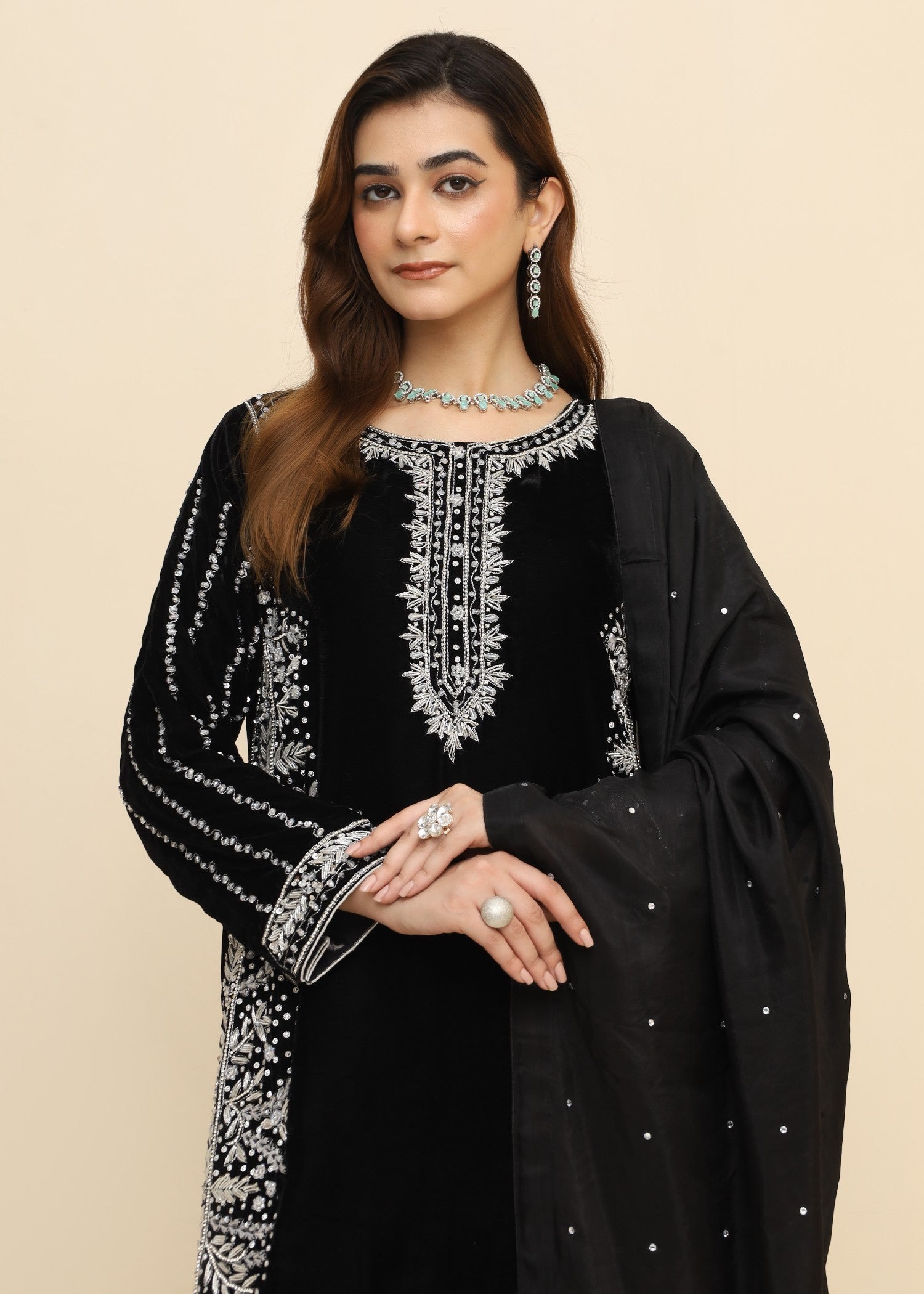 velvet Kurta Set in Black